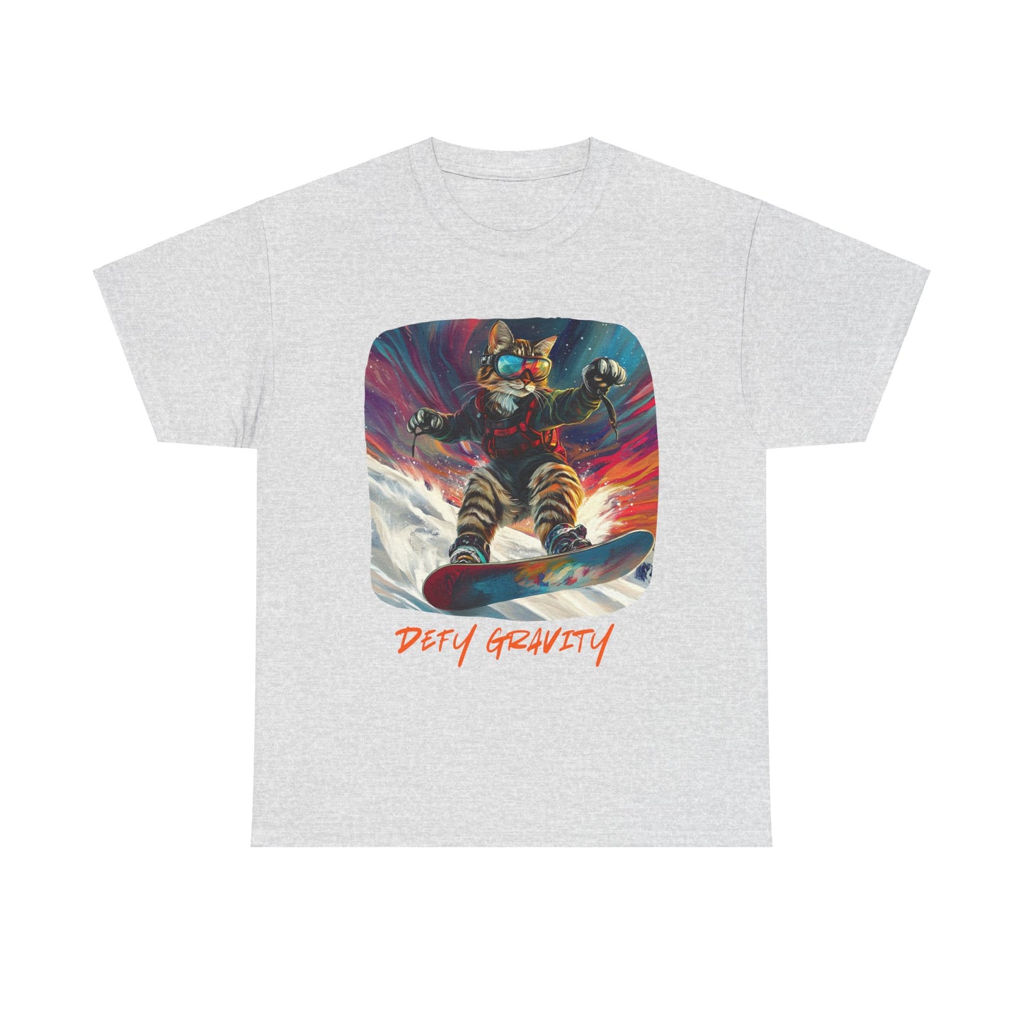 Defy Gravity Snowboard Cat Graphic Tee - Extreme Winter Sports Ski Cat Art Gift - Cool Cats Unisex Heavy Cotton Tee T-Shirt