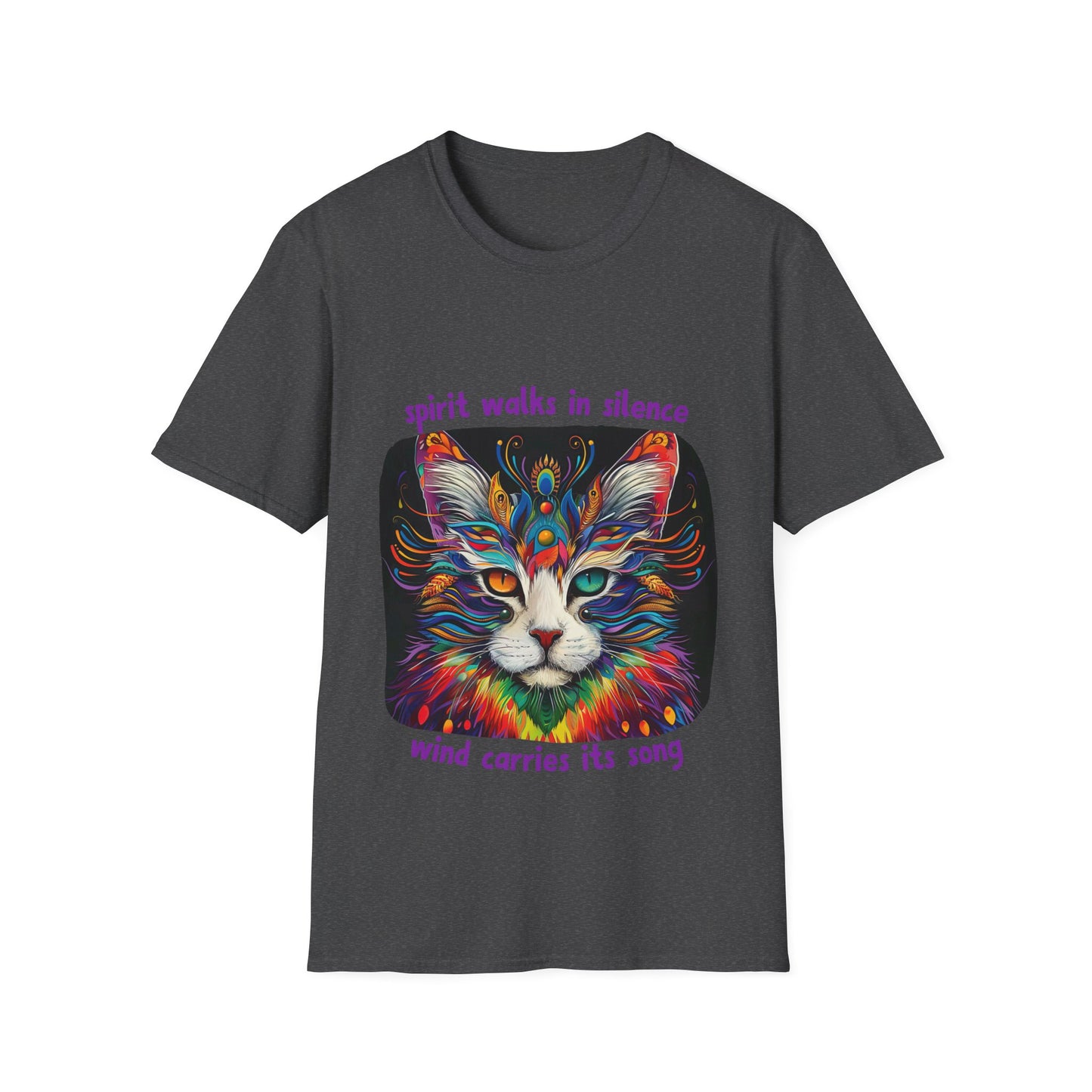 Spirit Walks in Silence, Wind Carries its Song - Shaman Graphic Cat Tee, Cat Lover's Graphic Tee Graphic Unisex T- Shirt, T-Shirt Cat Lovers Gift Softstyle T-Shirt Tee Teeshirt Stylized Cat
