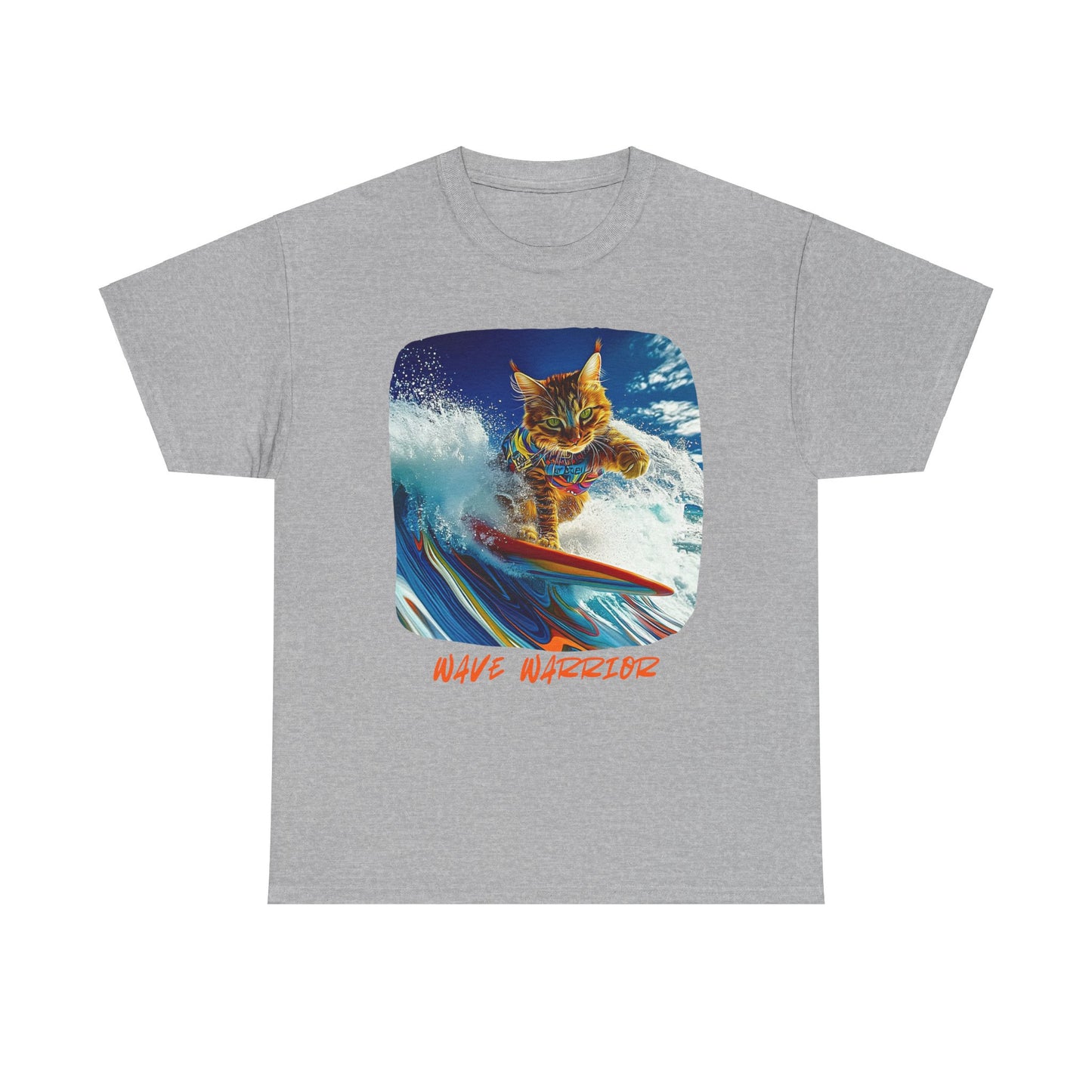Wave Warrior Surfer Surfing Cat, Cat on Surfboard Graphic Tee reads "Wave Warrior" Surf Life Cat ,Art Gift - Cool Cats Unisex Heavy Cotton Tee T-Shirt