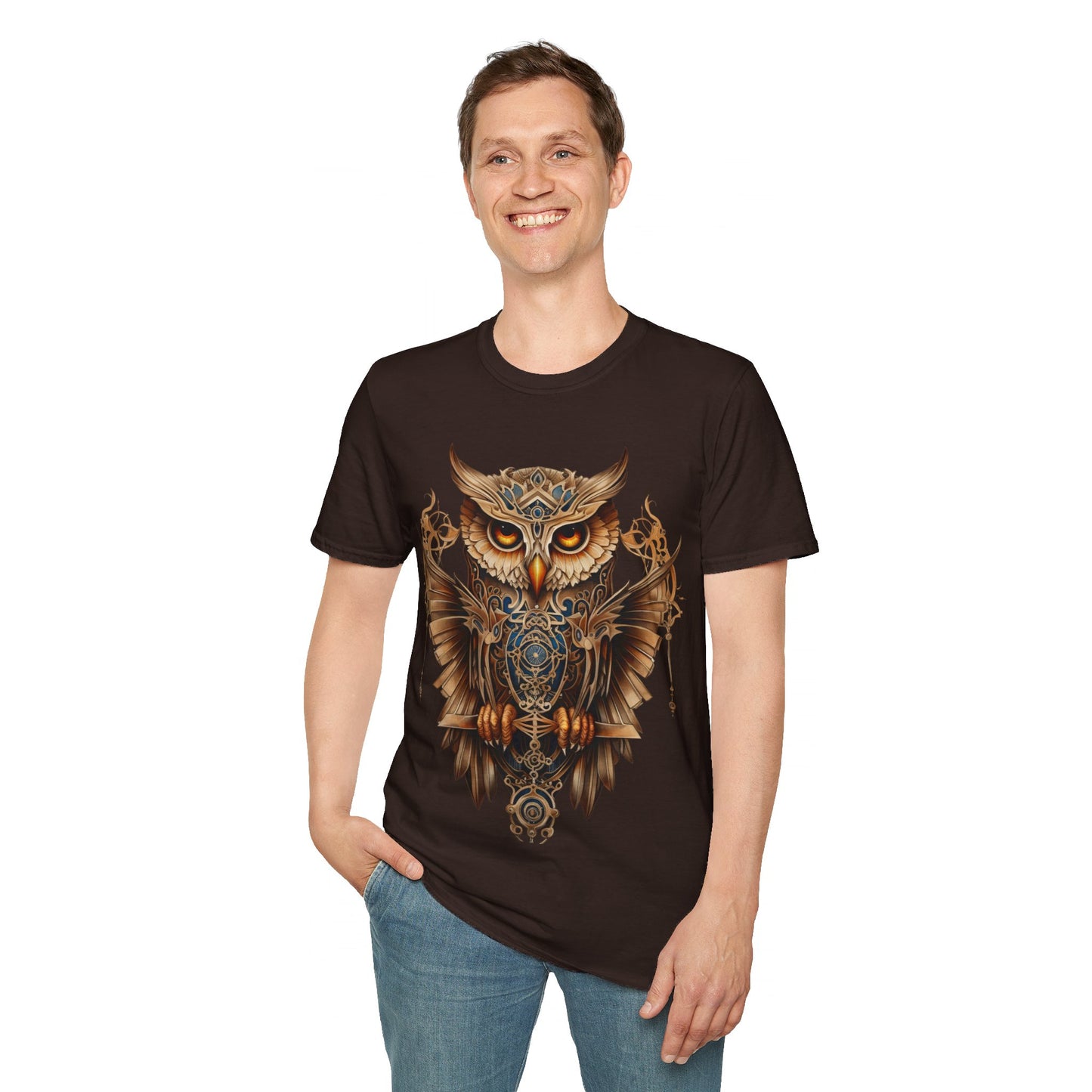 Art Deco Style Owl, Golden Owl Shirt, 1920's Steampunk Owl Christmas Gift Unisex Tee Shirt, T-Shirt Softstyle T-Shirt Tee Teeshirt