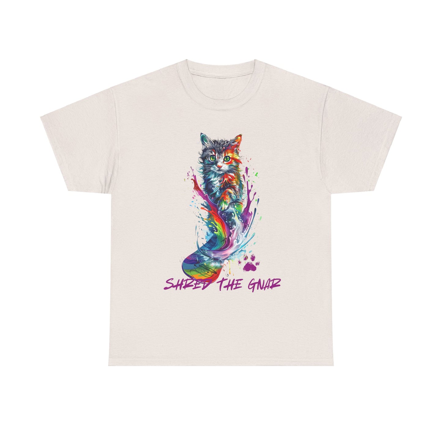 Shred the Gnar Snowboard Cat Graphic Tee, Winter Cat Art Gift - Cool Cats Unisex Heavy Cotton Tee T-Shirt