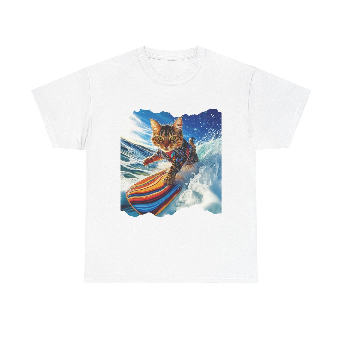 Surfer Surf Cat, Cat on Surfboard Graphic Tee- Water Sports Cat (V1) Cat Art Gift - Cool Cats Unisex Heavy Cotton Tee T-Shirt