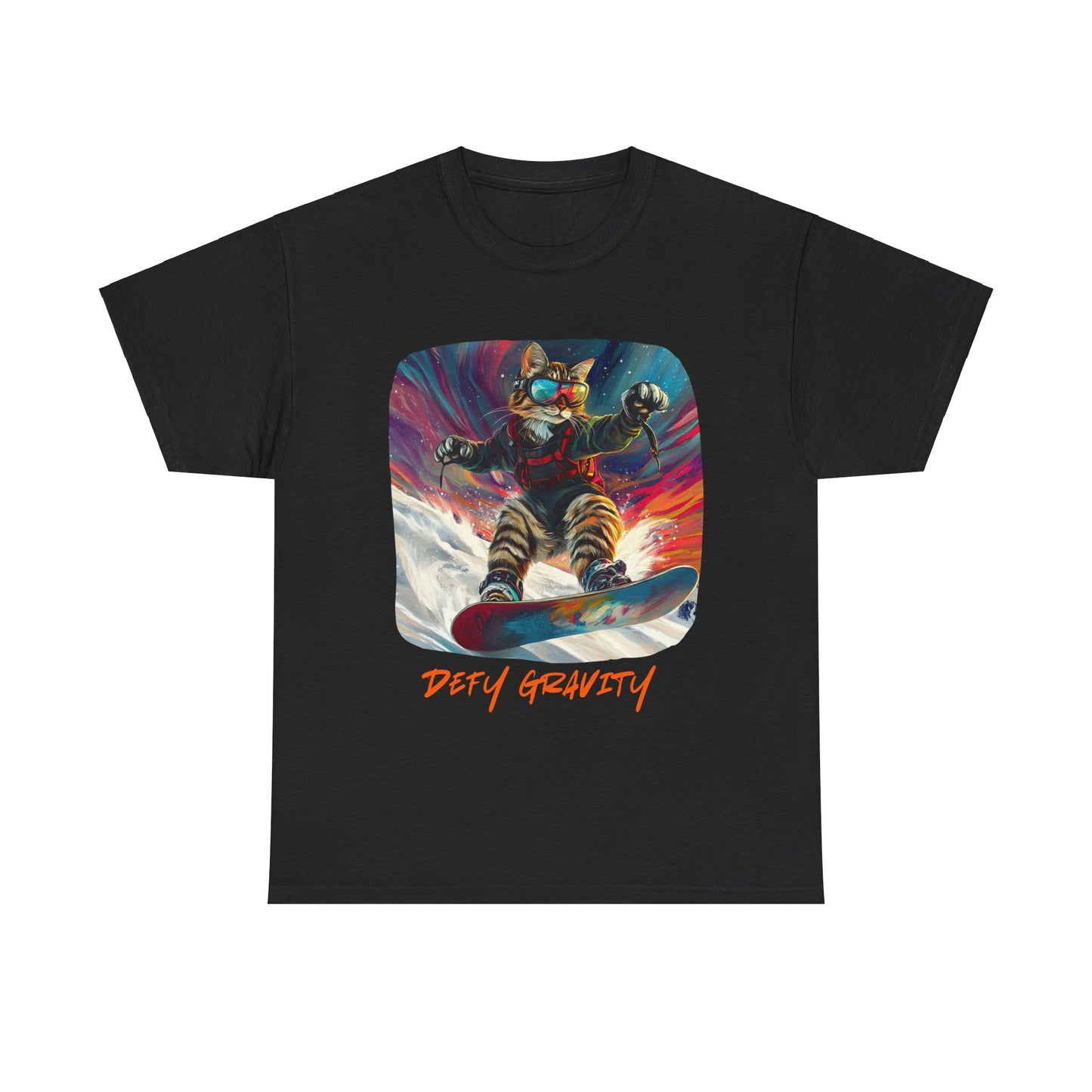 Defy Gravity Snowboard Cat Graphic Tee - Extreme Winter Sports Ski Cat Art Gift - Cool Cats Unisex Heavy Cotton Tee T-Shirt