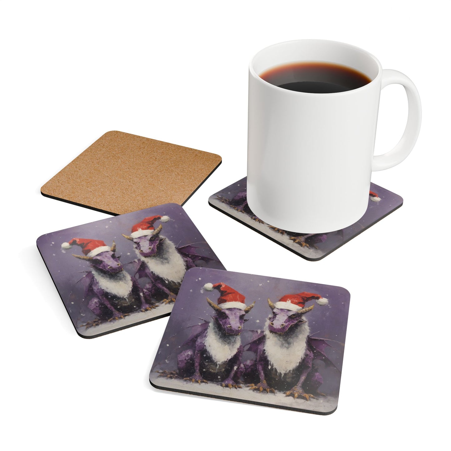 Purple Dragons, Dragon, Magical Holiday Santa Hat Dragons Gift Corkwood Coaster Set, Bearded Dragon, Fantasy Art Dragon in Santa Hat
