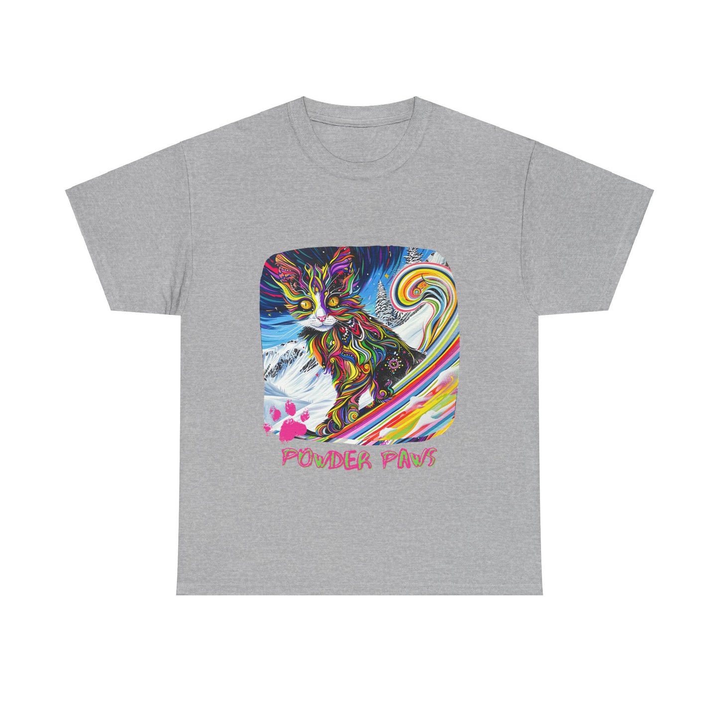 Powder Paws Snow, Snowboard Winter Sports Cat - Cat Art Graphic Tee, Ski Gift - Cool Cats Unisex Heavy Cotton Tee T-Shirt