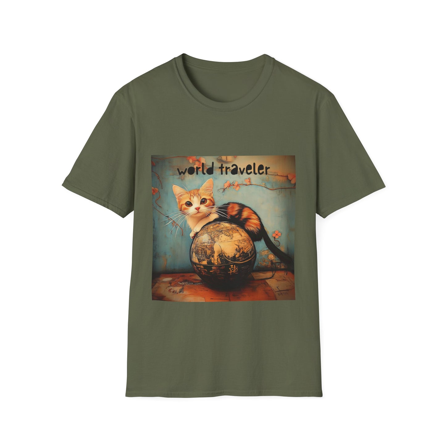 World Traveler Cute Cat Shirt, Cat Lover's Gift Graphic Tee Shirt, Text Reads "World Traveler" Unisex Softstyle T-Shirt Tee Teeshirt Retro
