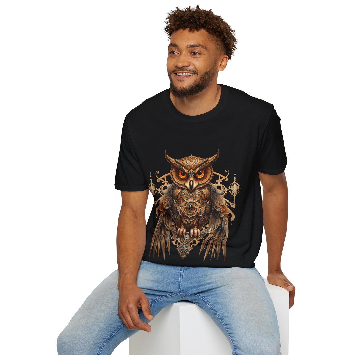 Steampunk Art Deco Style Owl II, Golden Owl Shirt, 1920's Owl Gift Unisex Tee Shirt, T-Shirt Softstyle T-Shirt Tee Teeshirt