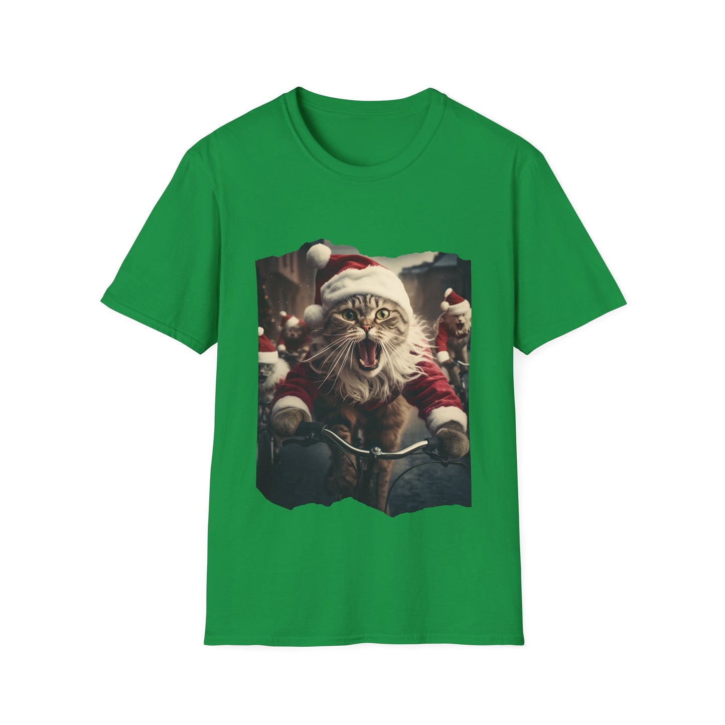 Screaming Cats on Bikes Holiday Christmas Cat Shirt, Cat Lover's Graphic Tee Graphic Unisex T- Shirt, T-Shirt Cat Lovers Gift Softstyle T-Shirt Tee Christmas JumperTeeshirt Stylized Cat
