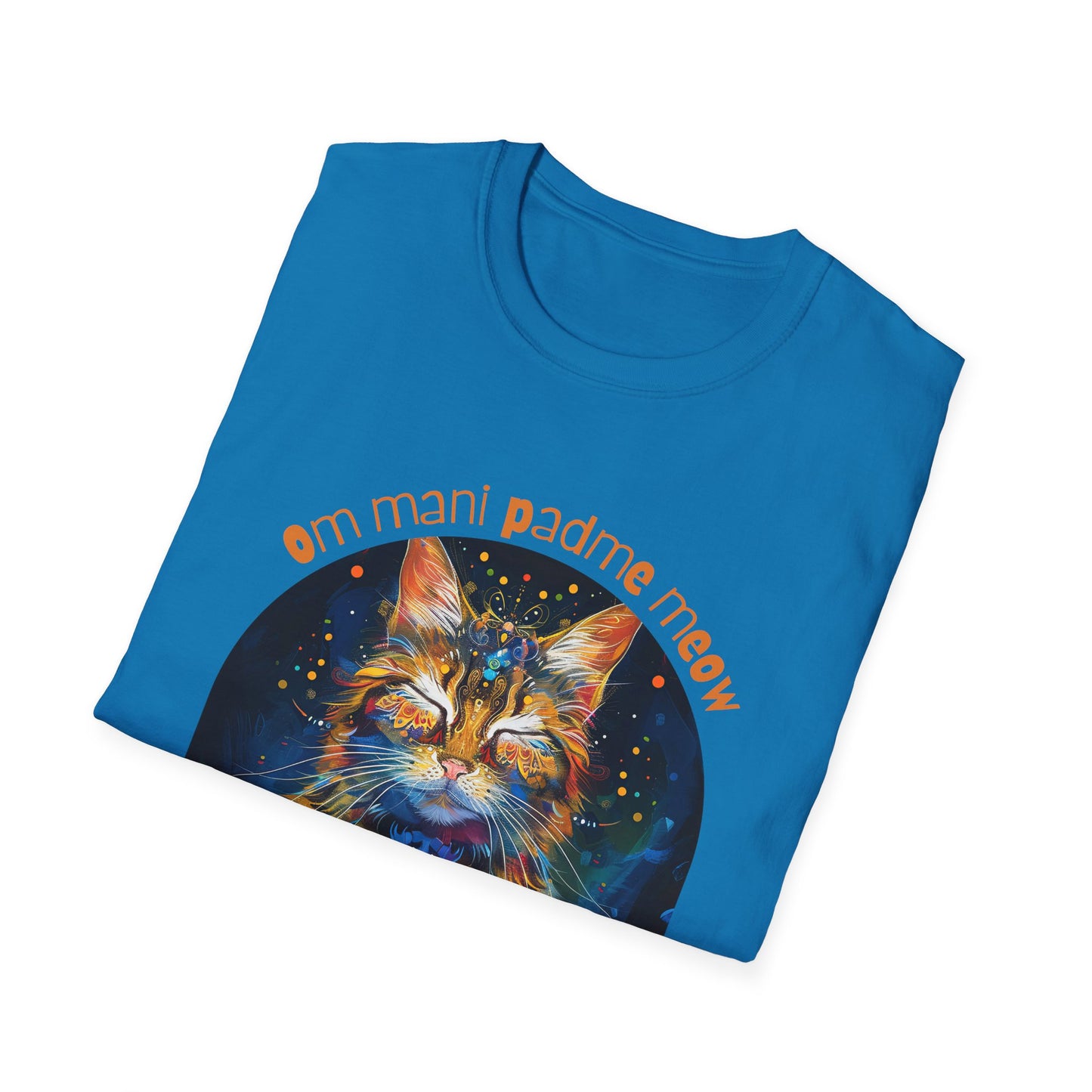 Om Mani Padme Meow (Ver 3) - Meditating Cat Shirt, Cat Lover's Graphic Tee Graphic Unisex T- Shirt, T-Shirt Cat Lovers Gift Softstyle T-Shirt Tee Teeshirt Stylized Cat