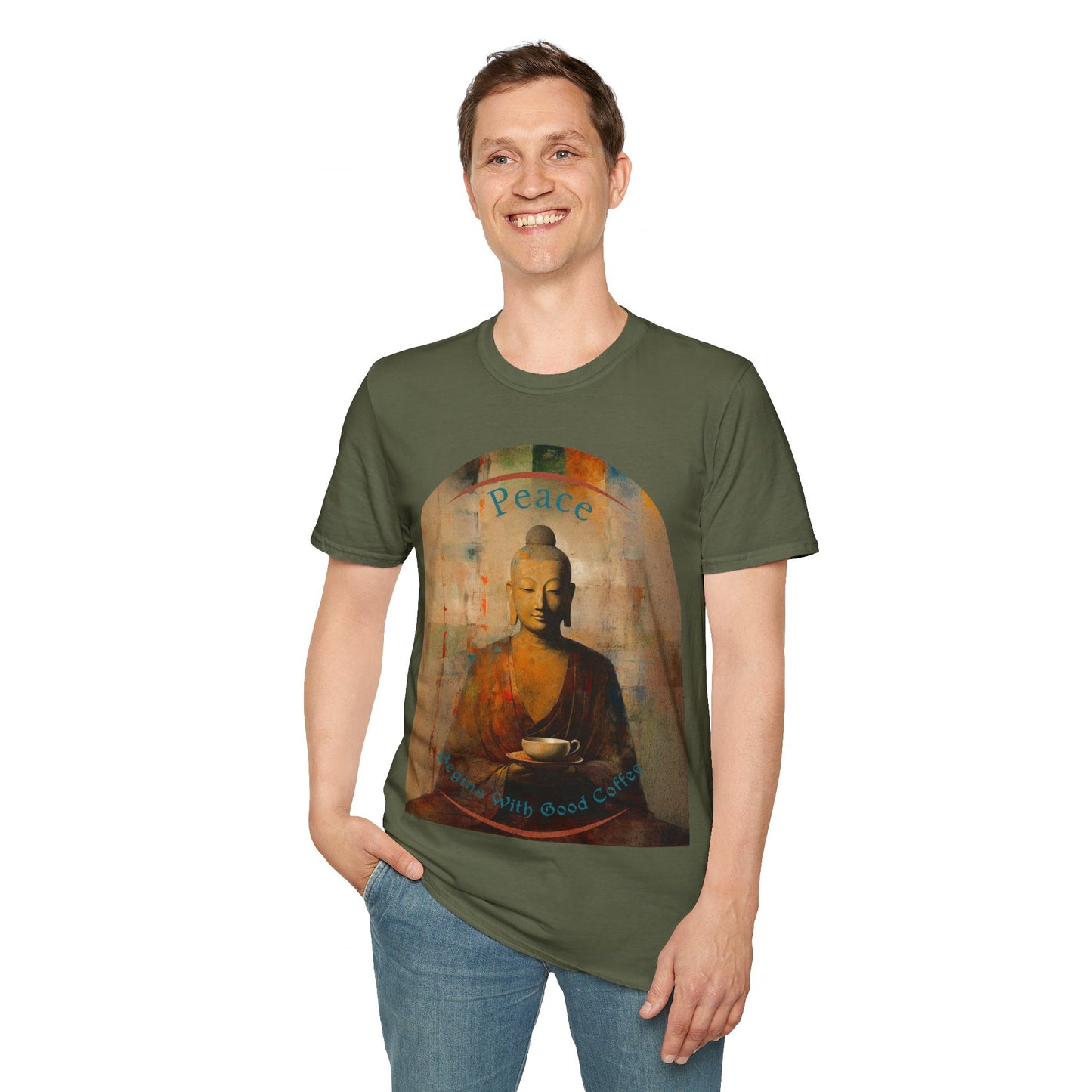 Coffee Lover Peace Gift, Peace Begins with Good Coffee Buda Buddha Budda Unisex Jersey Short Sleeve Tee Shirt, Softstyle T-Shirt Men Woman