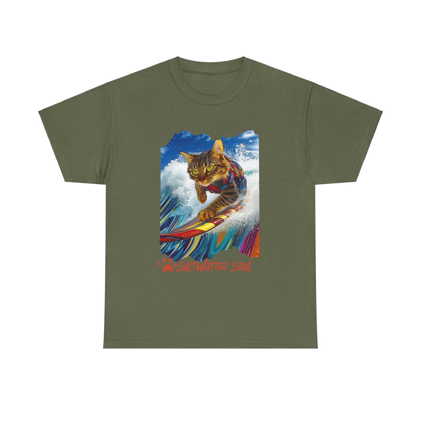 Saltwater Soul Surfer Cat, T-shirt, Cat on Surfboard Graphic Tee- Water Sports Cat Cat Art Gift - Cool Cats Unisex Heavy Cotton Tee T-Shirt