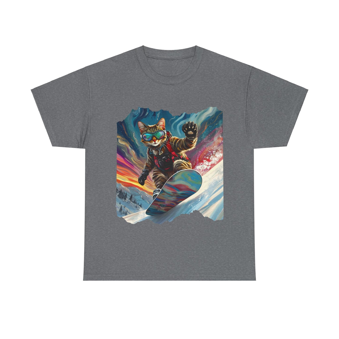 Snowboard Cat, Winter Ski Cat Art Gift - Cool Cats Unisex Heavy Cotton Tee T-Shirt
