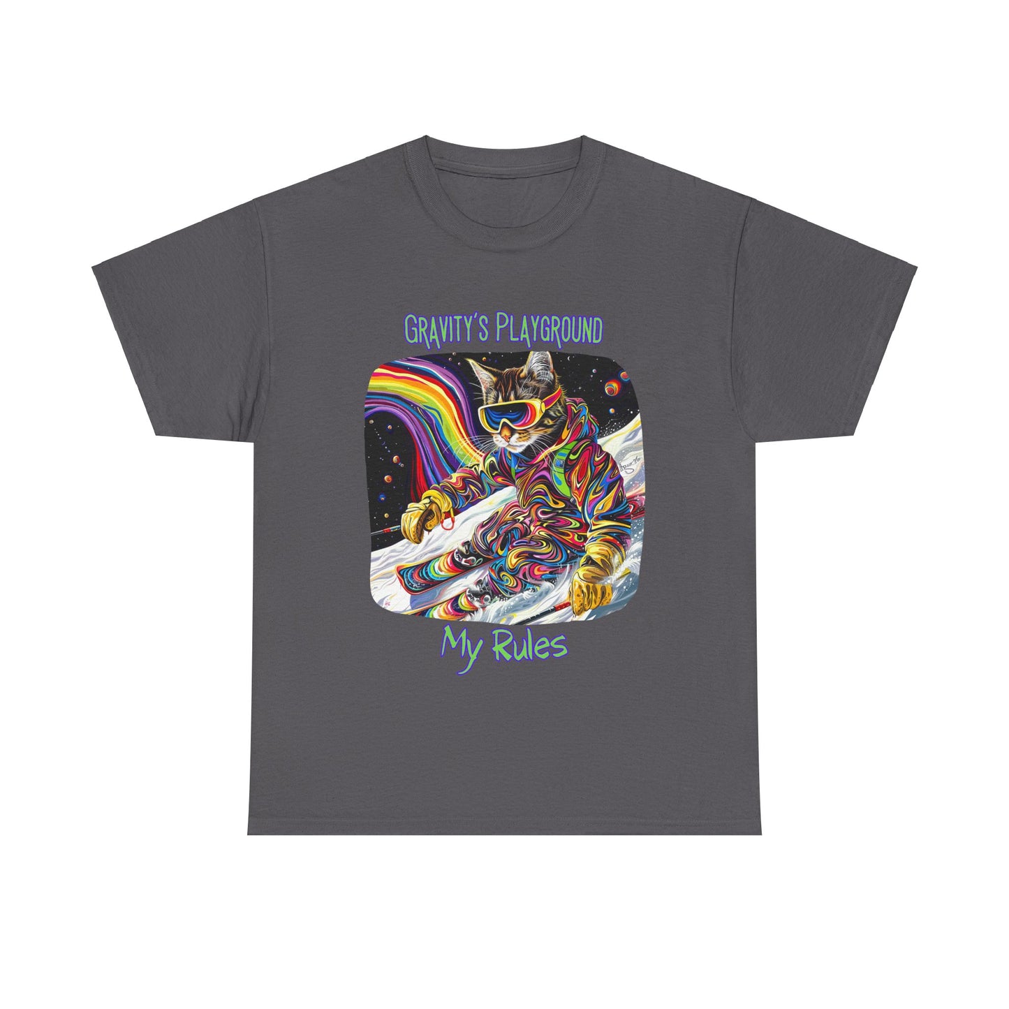 Gravity's Playground, My Rules - Ski, Snow, Snowboard Winter Sports Cat - Cat Graphic Tee Art Gift - Cool Cats Unisex Heavy Cotton Tee T-Shirt