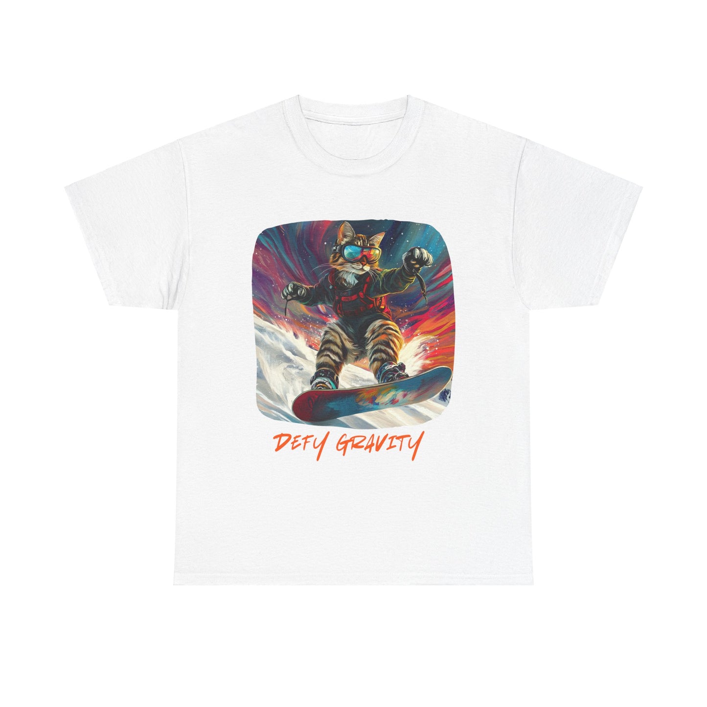 Defy Gravity Snowboard Cat Graphic Tee - Extreme Winter Sports Ski Cat Art Gift - Cool Cats Unisex Heavy Cotton Tee T-Shirt