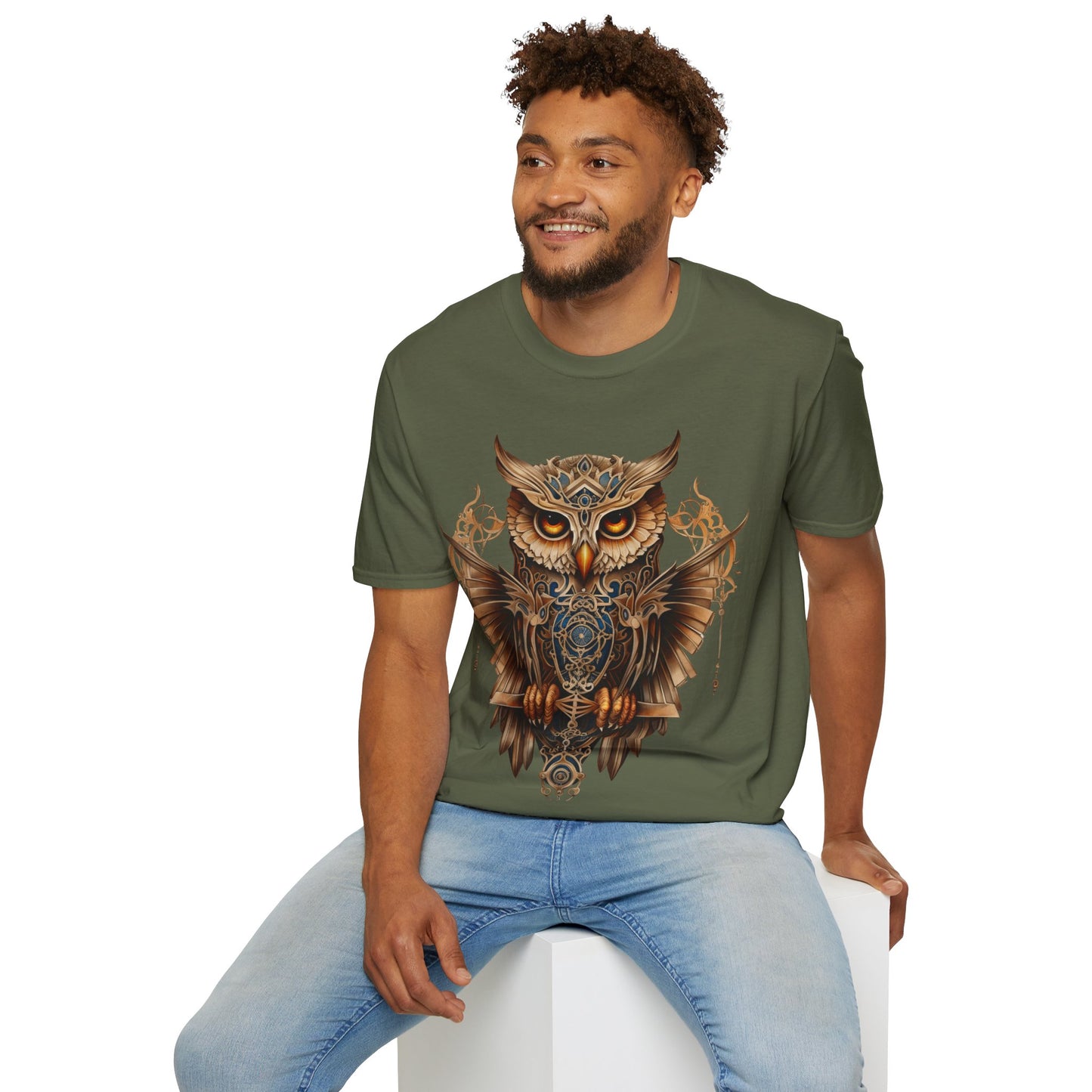 Art Deco Style Owl, Golden Owl Shirt, 1920's Steampunk Owl Christmas Gift Unisex Tee Shirt, T-Shirt Softstyle T-Shirt Tee Teeshirt