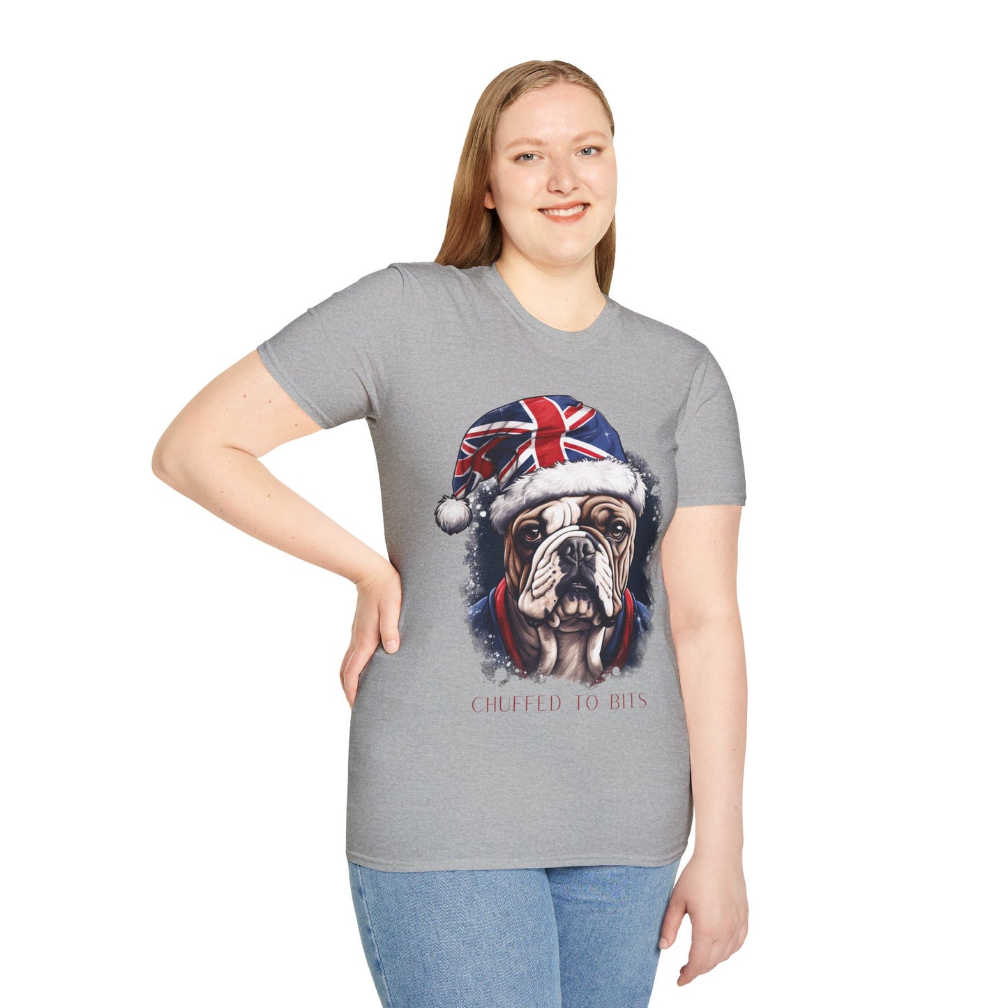 English Bulldog, Chuffed To Bits T-Shirt, British Union Jack, Mens Womans Unisex Shirt Softstyle T-Shirt Teeshirt Anglophile