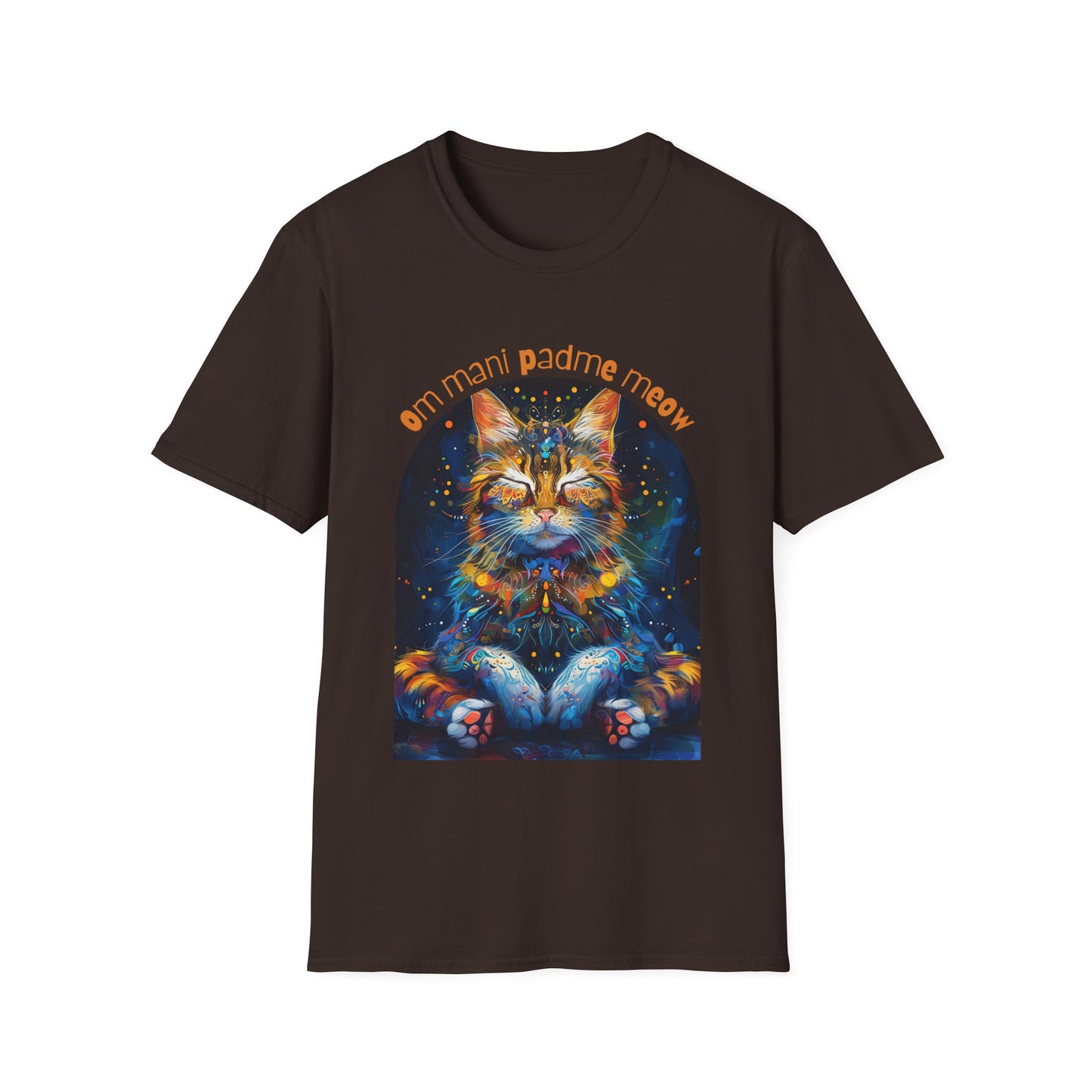 Om Mani Padme Meow (Ver 3) - Meditating Cat Shirt, Cat Lover's Graphic Tee Graphic Unisex T- Shirt, T-Shirt Cat Lovers Gift Softstyle T-Shirt Tee Teeshirt Stylized Cat