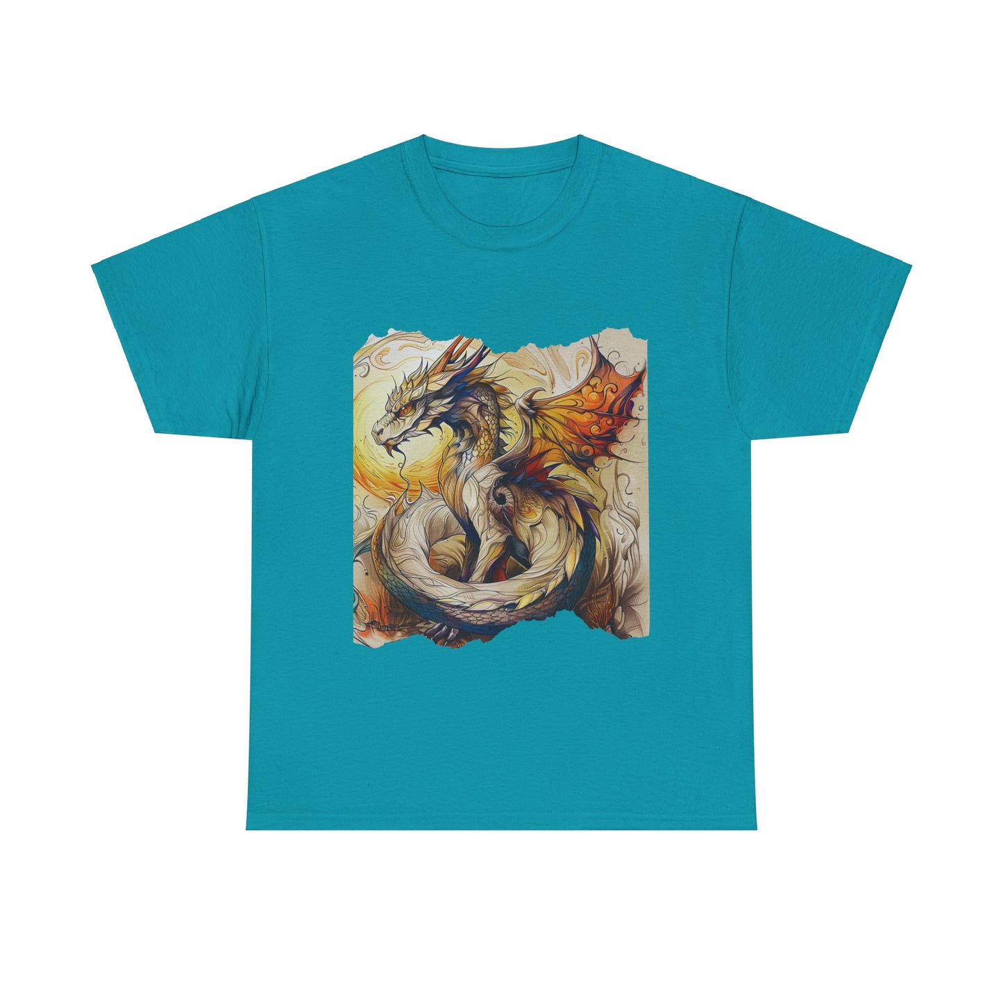 Dragons Yellow Sun Graphic Tee - Dragons and Ancestors - Dragon Lovers Unisex Heavy Cotton Tee T-Shirt