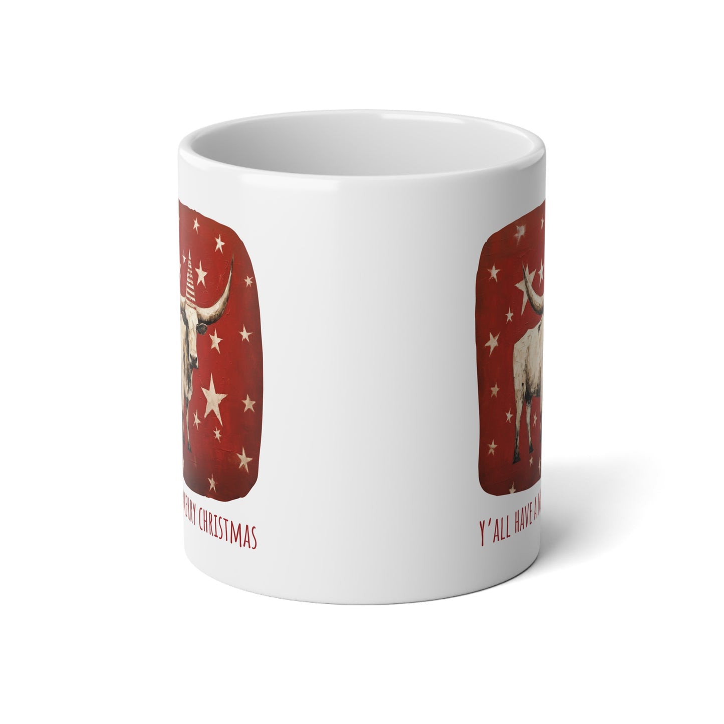 Y'all Have a Merry Christmas, Southern Greeting Longhorn Cattle Mug, Texas Christmas Gift, Mug, Jumbo 20 oz Mug XL Size Mug