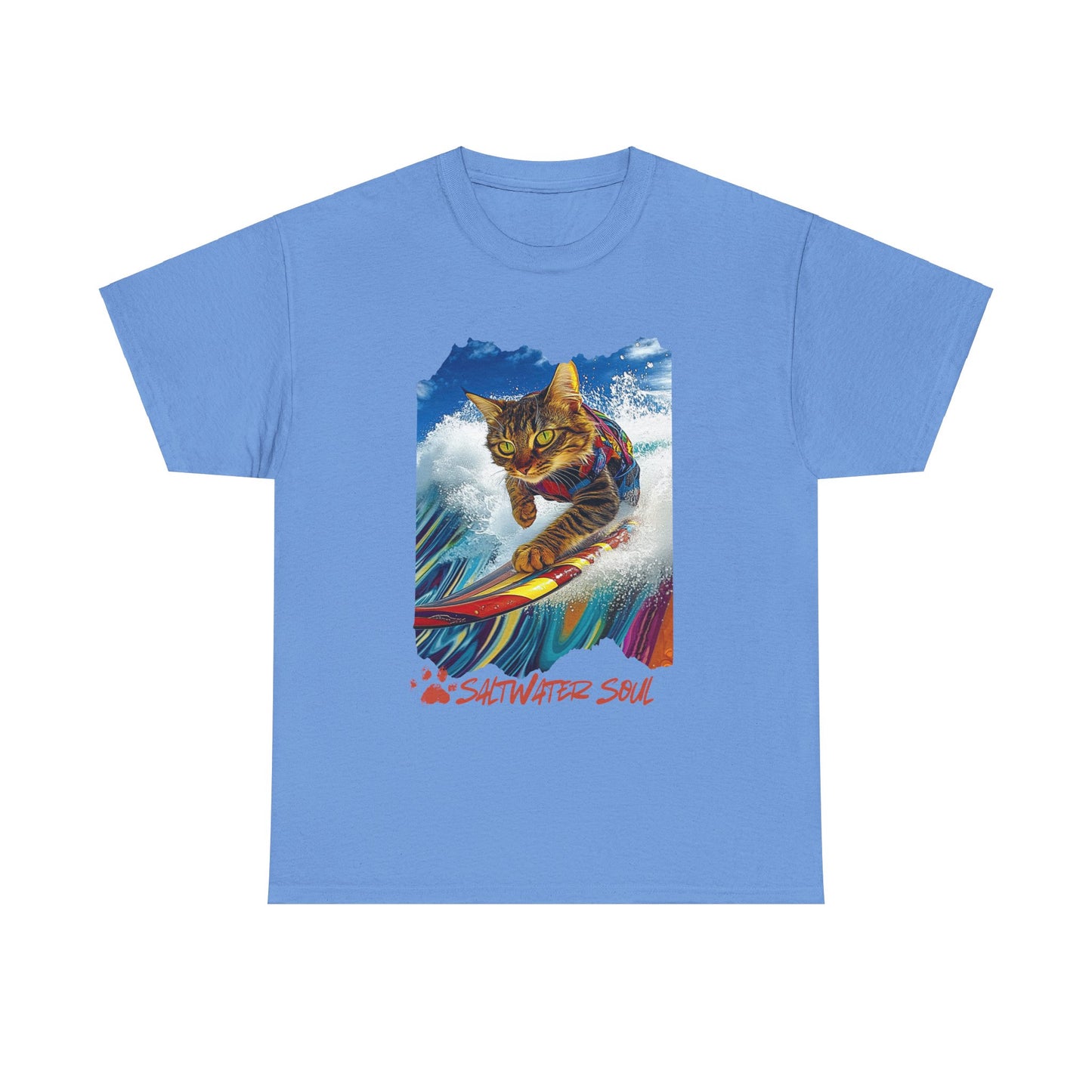 Saltwater Soul Surfer Cat, T-shirt, Cat on Surfboard Graphic Tee- Water Sports Cat Cat Art Gift - Cool Cats Unisex Heavy Cotton Tee T-Shirt