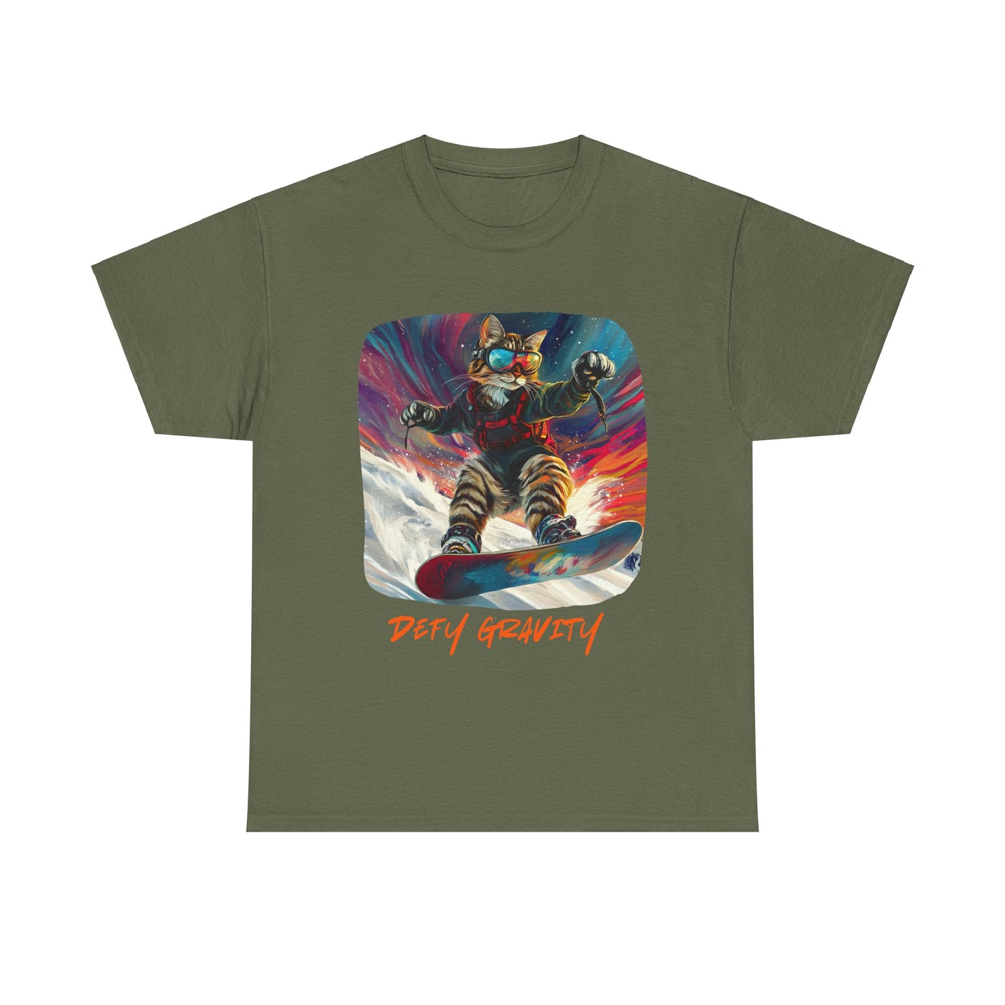 Defy Gravity Snowboard Cat Graphic Tee - Extreme Winter Sports Ski Cat Art Gift - Cool Cats Unisex Heavy Cotton Tee T-Shirt