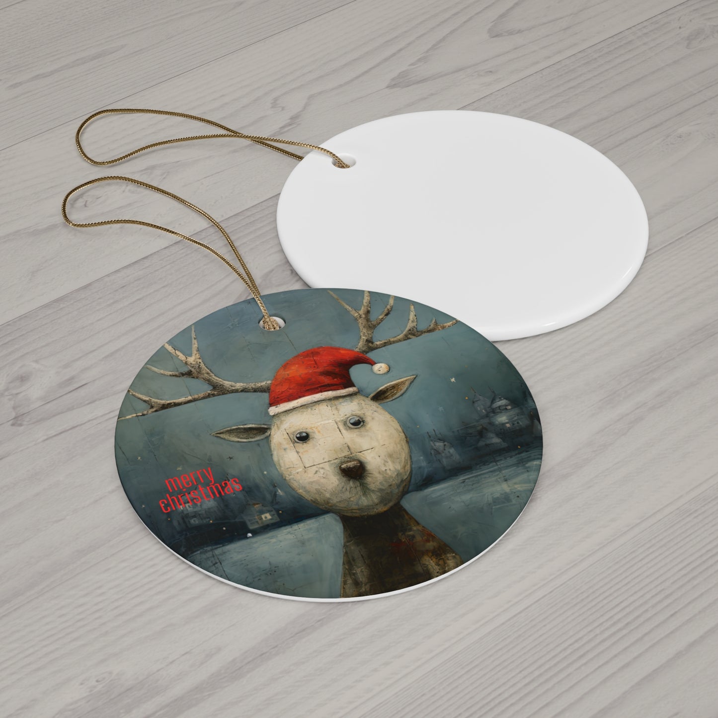 Baby Reindeer, Reindeer in Santa Hat Art Ornament, Cute Baby Deer Christmas Gift, Ceramic Ornament for Christmas Tree