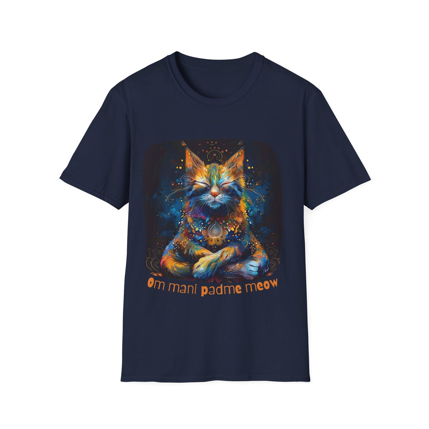 Mani Padme Meow (Version 2) - Meditating Cat Shirt, Cat Lover's Graphic Tee Graphic Unisex T- Shirt, T-Shirt Cat Lovers Gift Softstyle T-Shirt Tee Teeshirt Stylized Cat