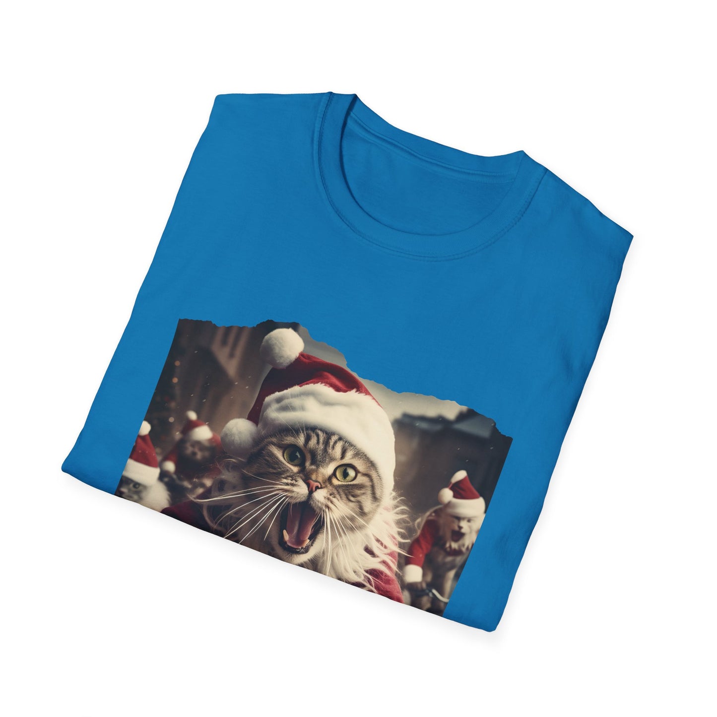 Screaming Cats on Bikes Holiday Christmas Cat Shirt, Cat Lover's Graphic Tee Graphic Unisex T- Shirt, T-Shirt Cat Lovers Gift Softstyle T-Shirt Tee Christmas JumperTeeshirt Stylized Cat