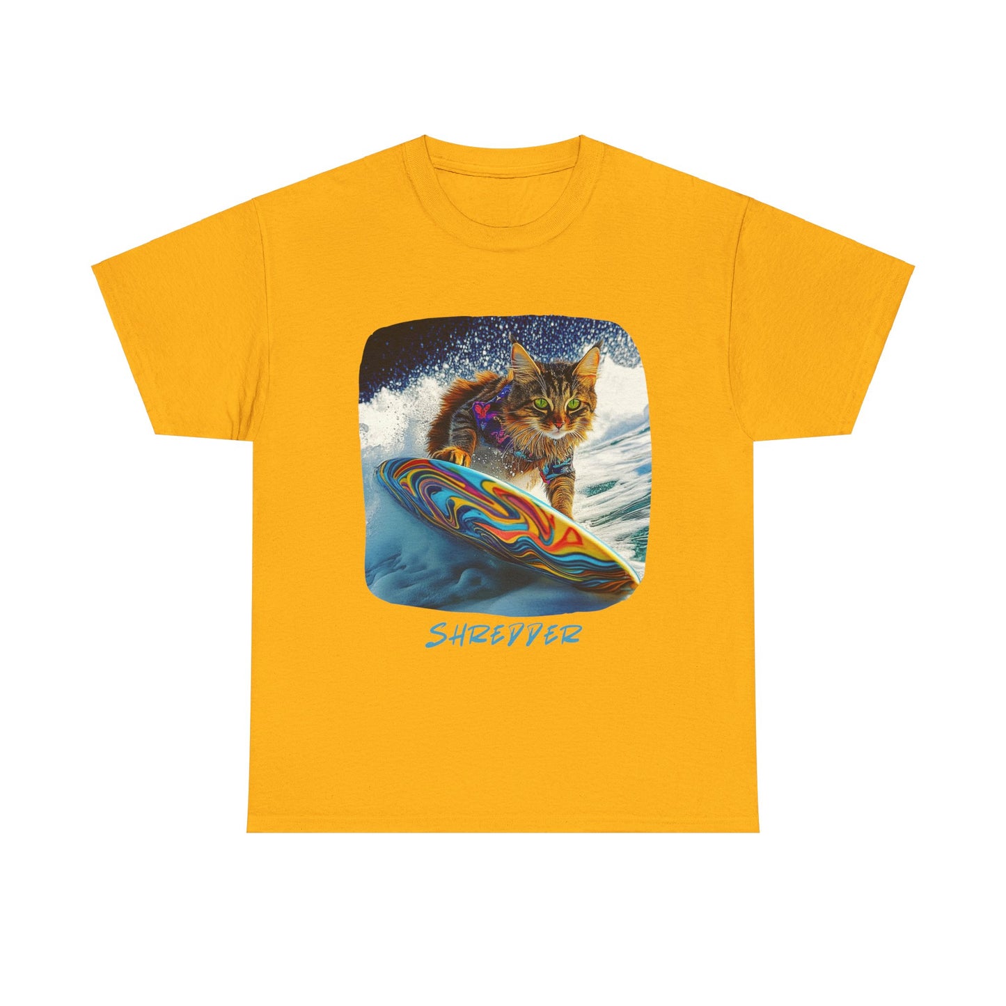 Shredder Surfer Cat, "Shredder" T-shirt, Cat on Surfboard Graphic Tee- Water Sports Cat (V1) Cat Art Gift - Cool Cats Unisex Heavy Cotton Tee T-Shirt