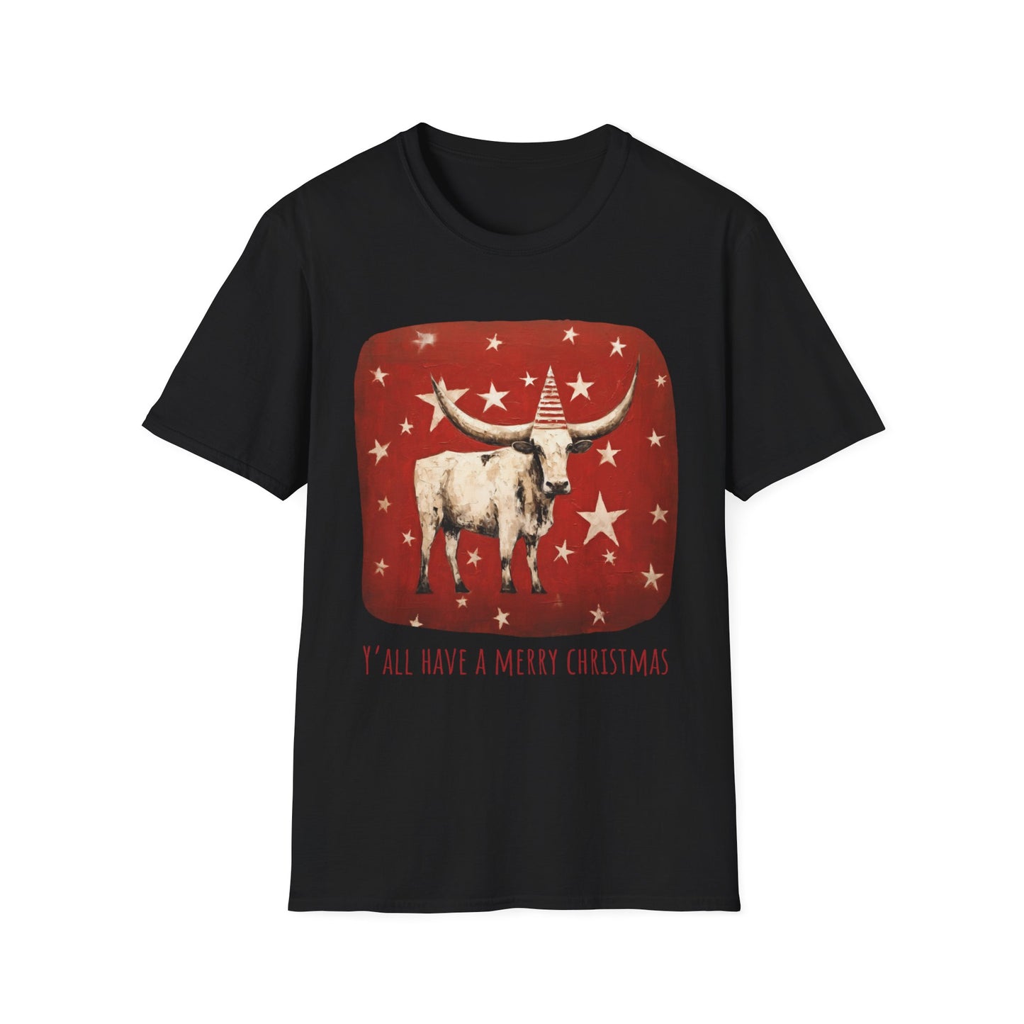 "Y'all Have a Merry Christmas" Southern Christmas Greeting, Longhorn Cattle Rodeo Shirt, Longhorn Cattle Texas Oklahoma Gift Unisex Tee Shirt, T-Shirt Graphic Tee T-Shirt