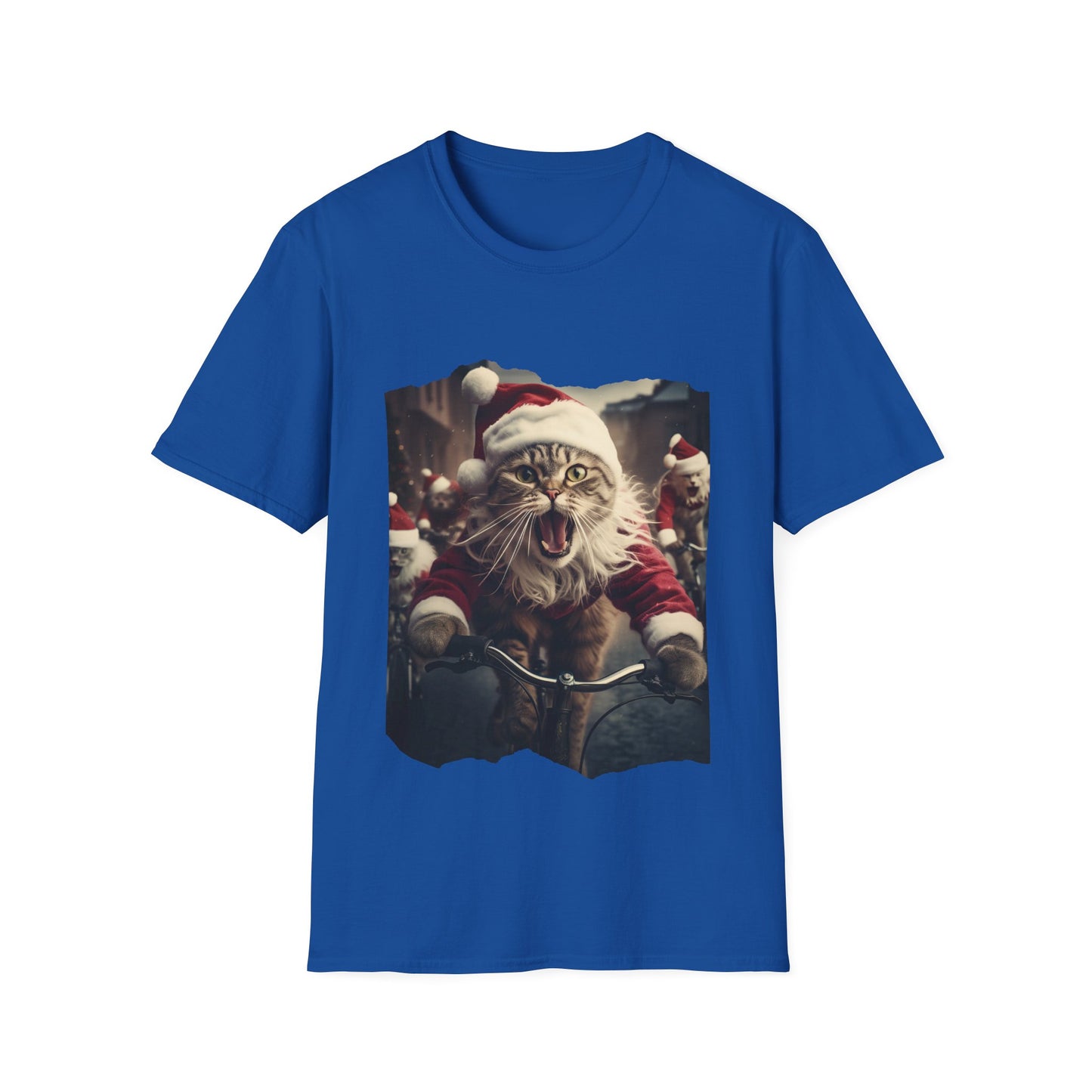 Screaming Cats on Bikes Holiday Christmas Cat Shirt, Cat Lover's Graphic Tee Graphic Unisex T- Shirt, T-Shirt Cat Lovers Gift Softstyle T-Shirt Tee Christmas JumperTeeshirt Stylized Cat