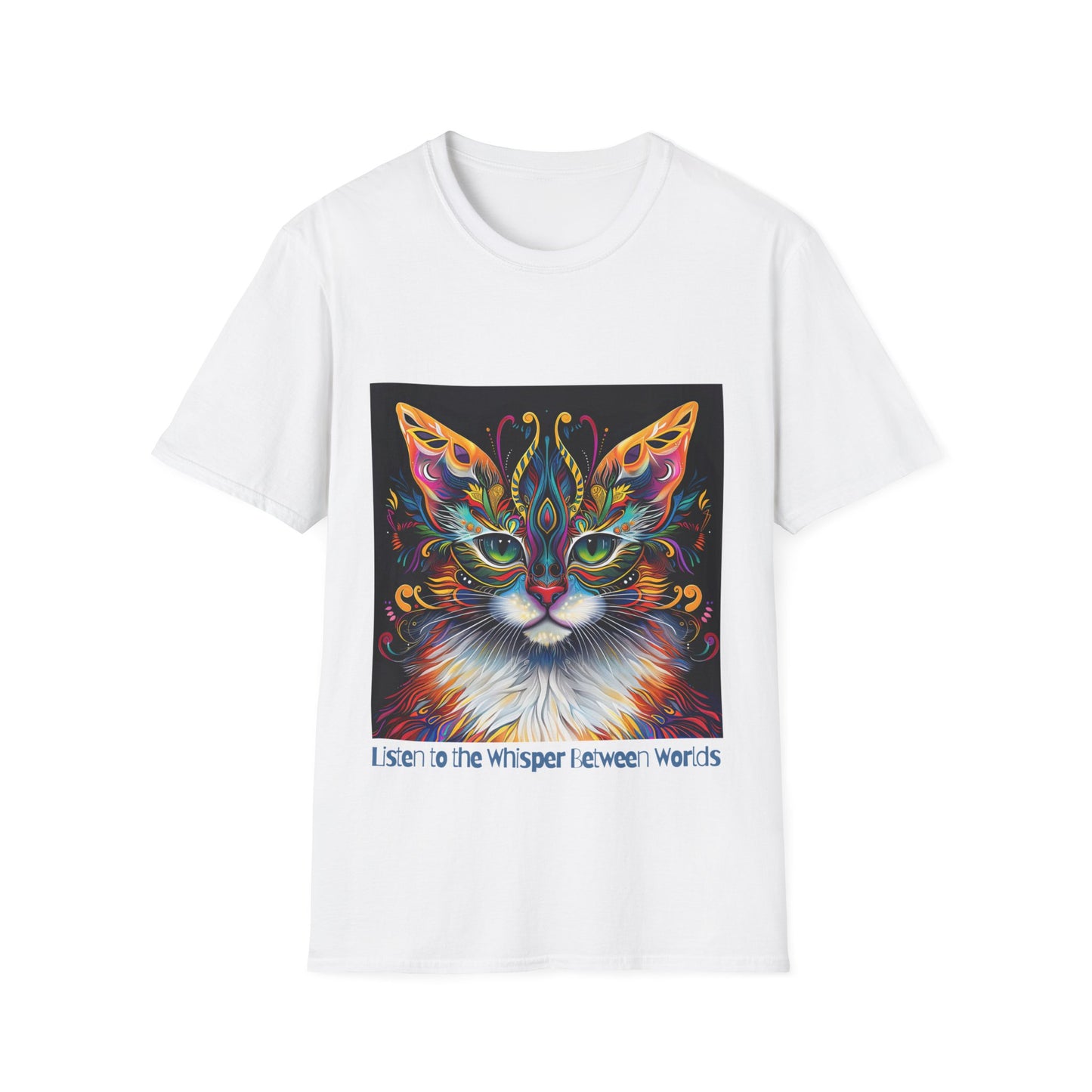 Listen to the Whisper Between Worlds- Shaman Graphic Cat Tee, Cat Lover's Graphic Tee Graphic Unisex T- Shirt, T-Shirt Cat Lovers Gift Softstyle T-Shirt Tee Teeshirt Stylized Cat