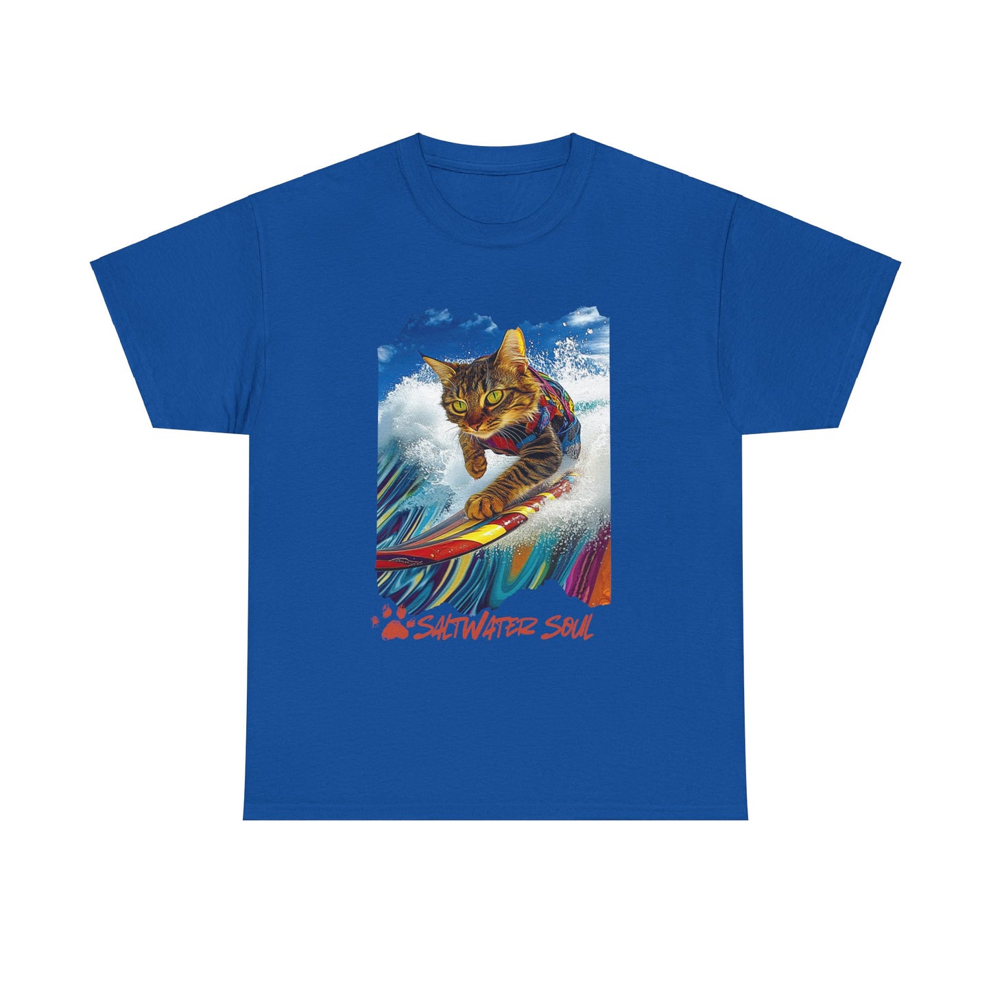 Saltwater Soul Surfer Cat, T-shirt, Cat on Surfboard Graphic Tee- Water Sports Cat Cat Art Gift - Cool Cats Unisex Heavy Cotton Tee T-Shirt