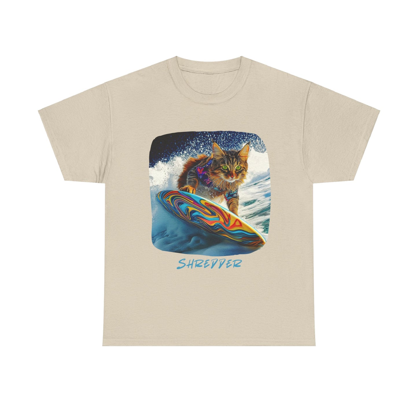 Shredder Surfer Cat, "Shredder" T-shirt, Cat on Surfboard Graphic Tee- Water Sports Cat (V1) Cat Art Gift - Cool Cats Unisex Heavy Cotton Tee T-Shirt