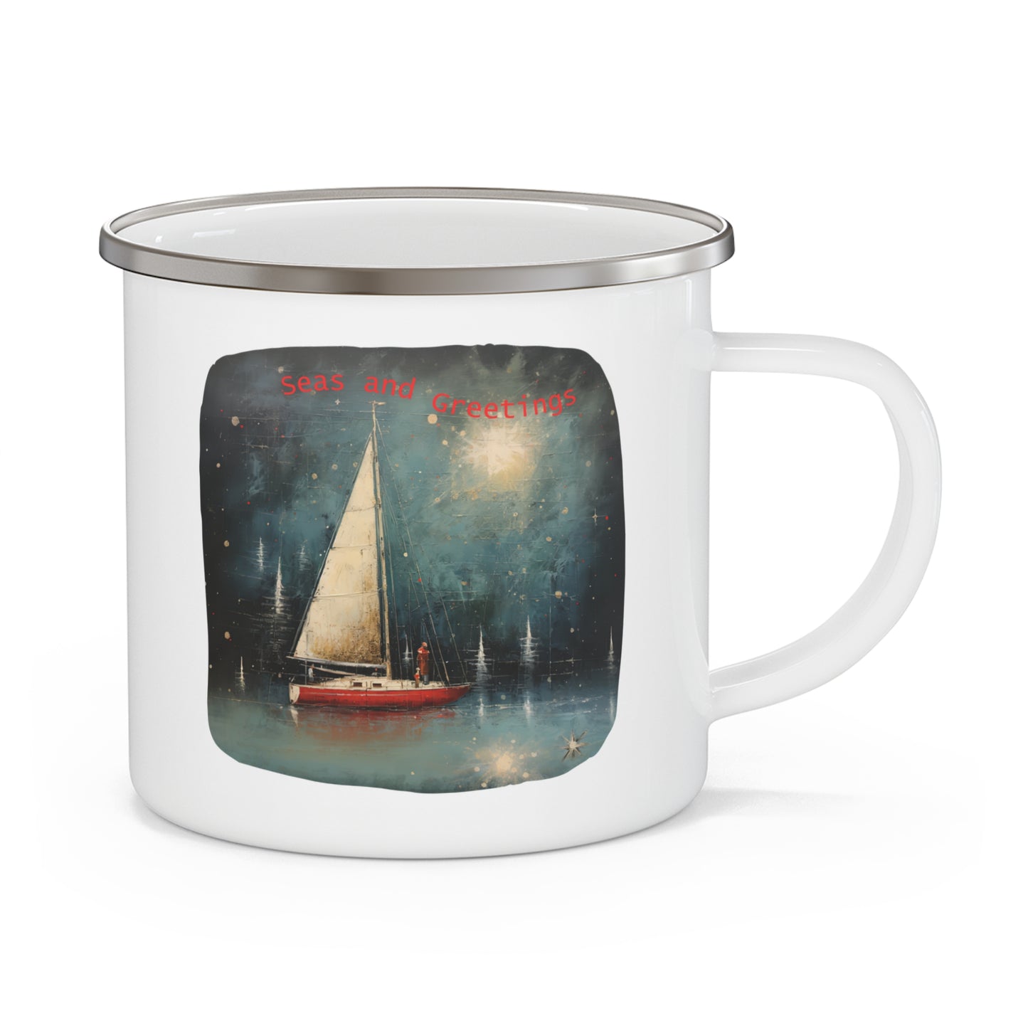 Seas and Greetings, Nautical Sailing, Christmas by the Sea, Sailing, Nautical Gift, Enamel Camping Mug
