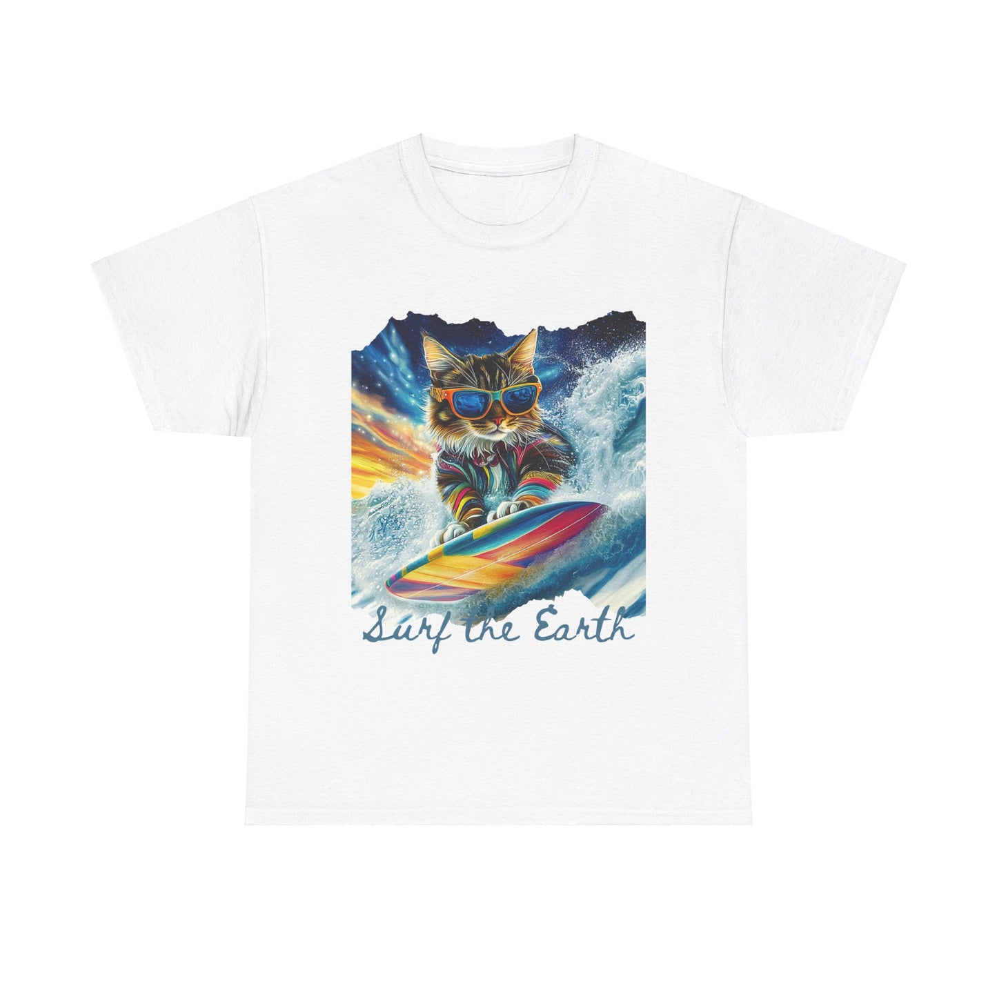Surf Surfer Cat, "Surf the Earth", Cat on Surfboard Graphic Tee- Water Sports Cat (V1) Cat Art Gift - Cool Cats Unisex Heavy Cotton Tee T-Shirt