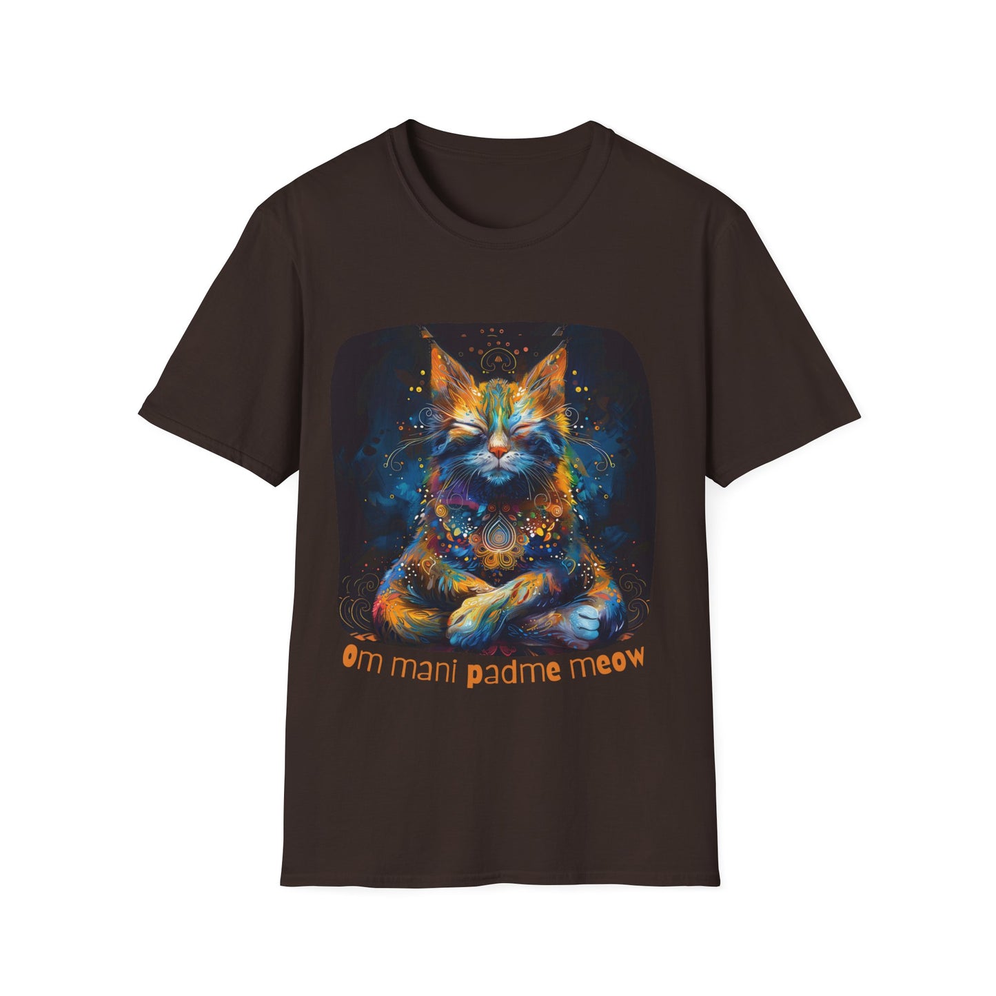 Mani Padme Meow (Version 2) - Meditating Cat Shirt, Cat Lover's Graphic Tee Graphic Unisex T- Shirt, T-Shirt Cat Lovers Gift Softstyle T-Shirt Tee Teeshirt Stylized Cat