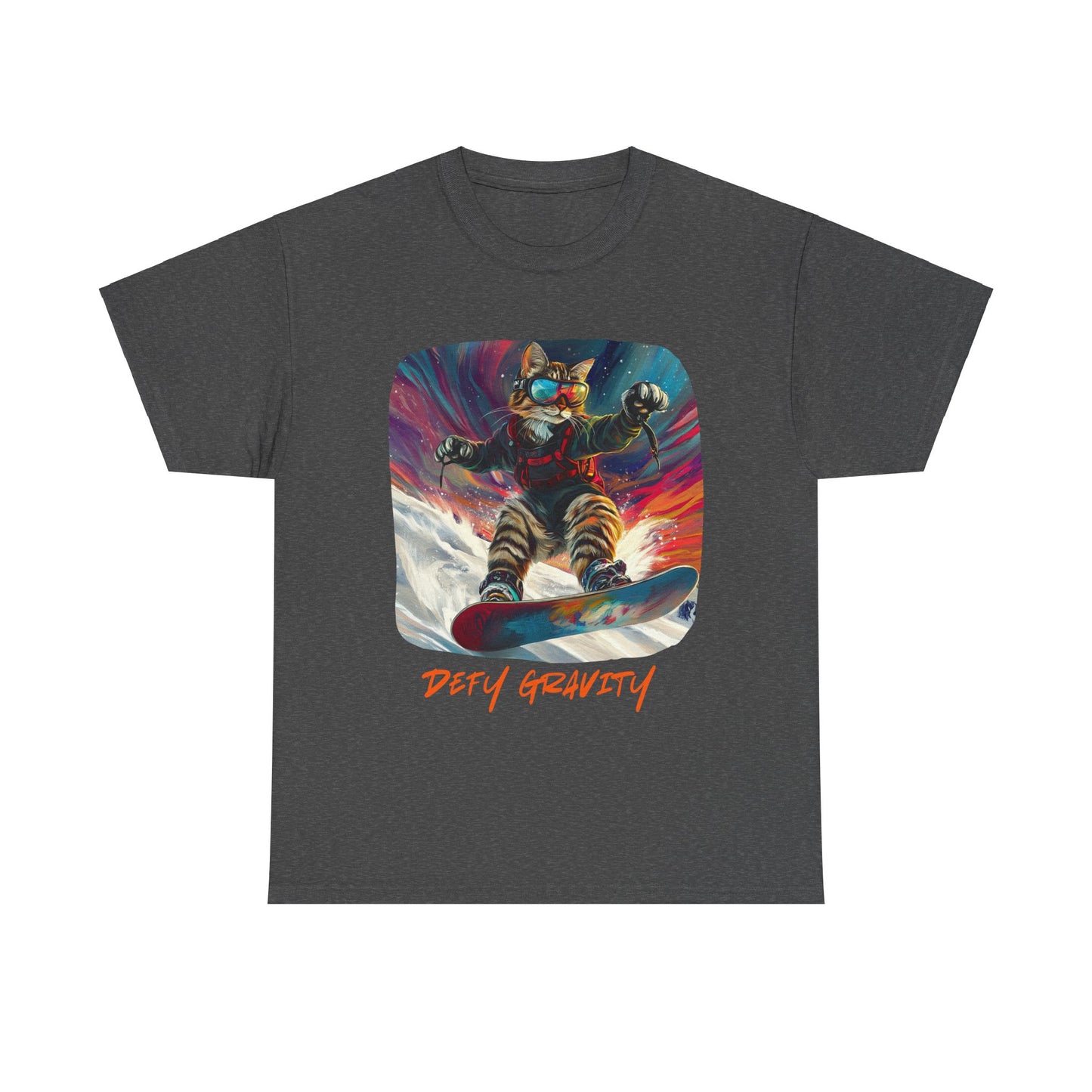 Defy Gravity Snowboard Cat Graphic Tee - Extreme Winter Sports Ski Cat Art Gift - Cool Cats Unisex Heavy Cotton Tee T-Shirt
