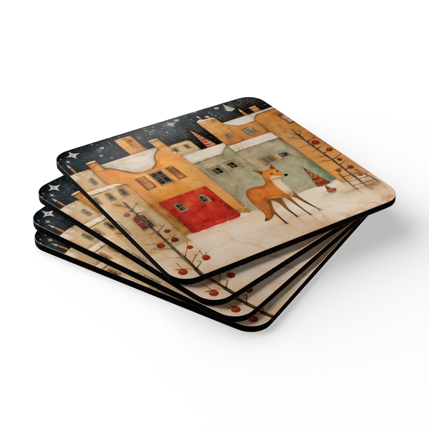 New Mexico, Adobe, Santa Fe, Coyote Winter Folk Art Gift, Corkwood Coaster Set High Desert Coyote in Adobe Houses, Christmas