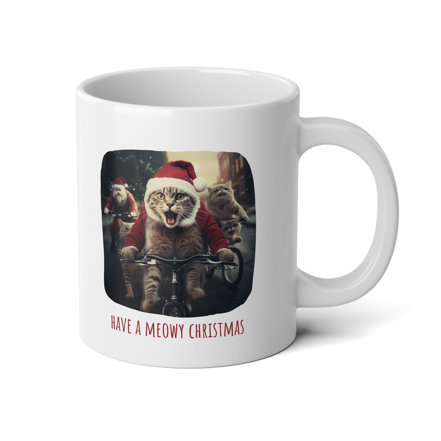 Have a Meowy Christmas Mug, Cat Lovers Bicycle Christmas Cat Gift, Cat Gift Mug, Jumbo 20 oz Mug XL Size Mug
