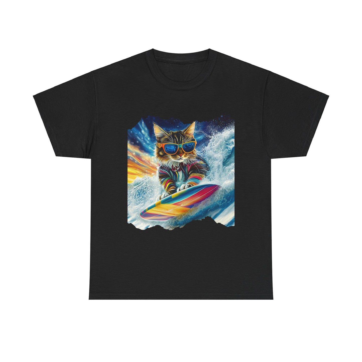 Surfer Surfing Cat, (Ver 2) Cat on Surfboard Graphic Tee- Water Sports Cat (V1) Cat Art Gift - Cool Cats Unisex Heavy Cotton Tee T-Shirt