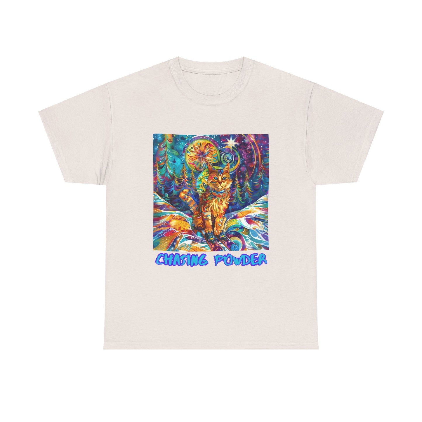 Chasing Powder - Snow, Snowboard Winter Sports Cat (V3) Cat Art Graphic Tee, Ski Gift - Cool Cats Unisex Heavy Cotton Tee T-Shirt
