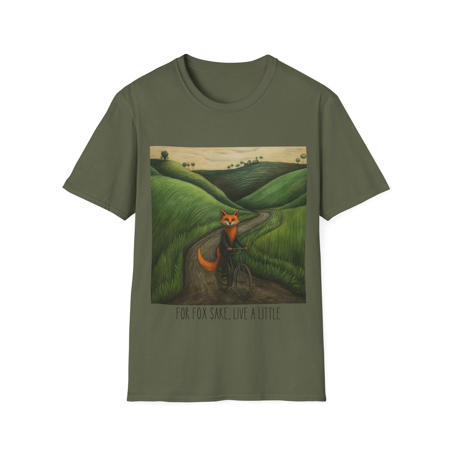 For Fox Sake, Live a Little - Red Fox on a Bicycle- Fox or Cycling Lover's Gift Unisex Tee Shirt, T-Shirt, Fox Lovers Gift Softstyle T-Shirt Tee Teeshirt