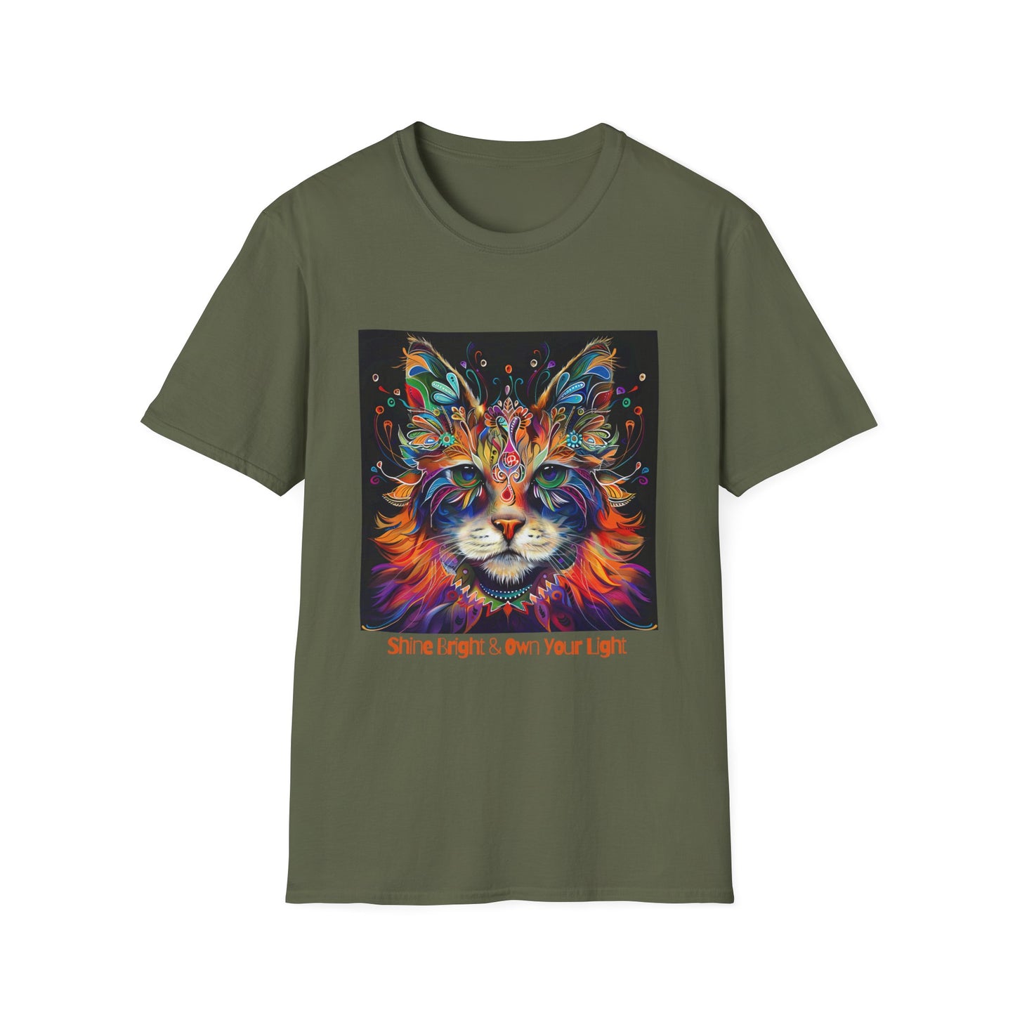 "Shine Bright and Own Your Light" Cat Shaman Graphic Cat Tee, Cat Lover's Graphic Tee Graphic Unisex T- Shirt, T-Shirt Cat Lovers Gift Softstyle T-Shirt Tee Teeshirt Stylized Cat