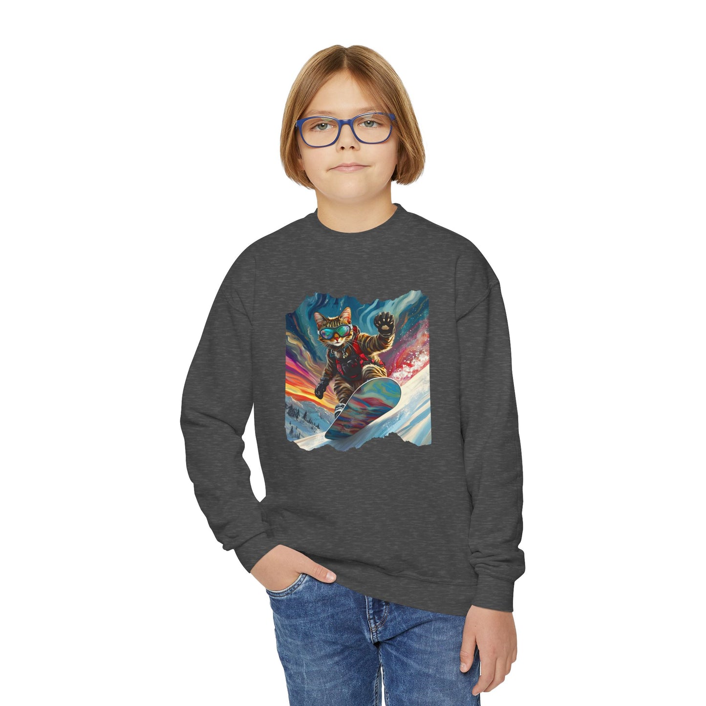 Shredding Snowboard Cat for Kids Sweatshirt - Colorful Snowboard Kitty, Kids Youth Crewneck Sweatshirt