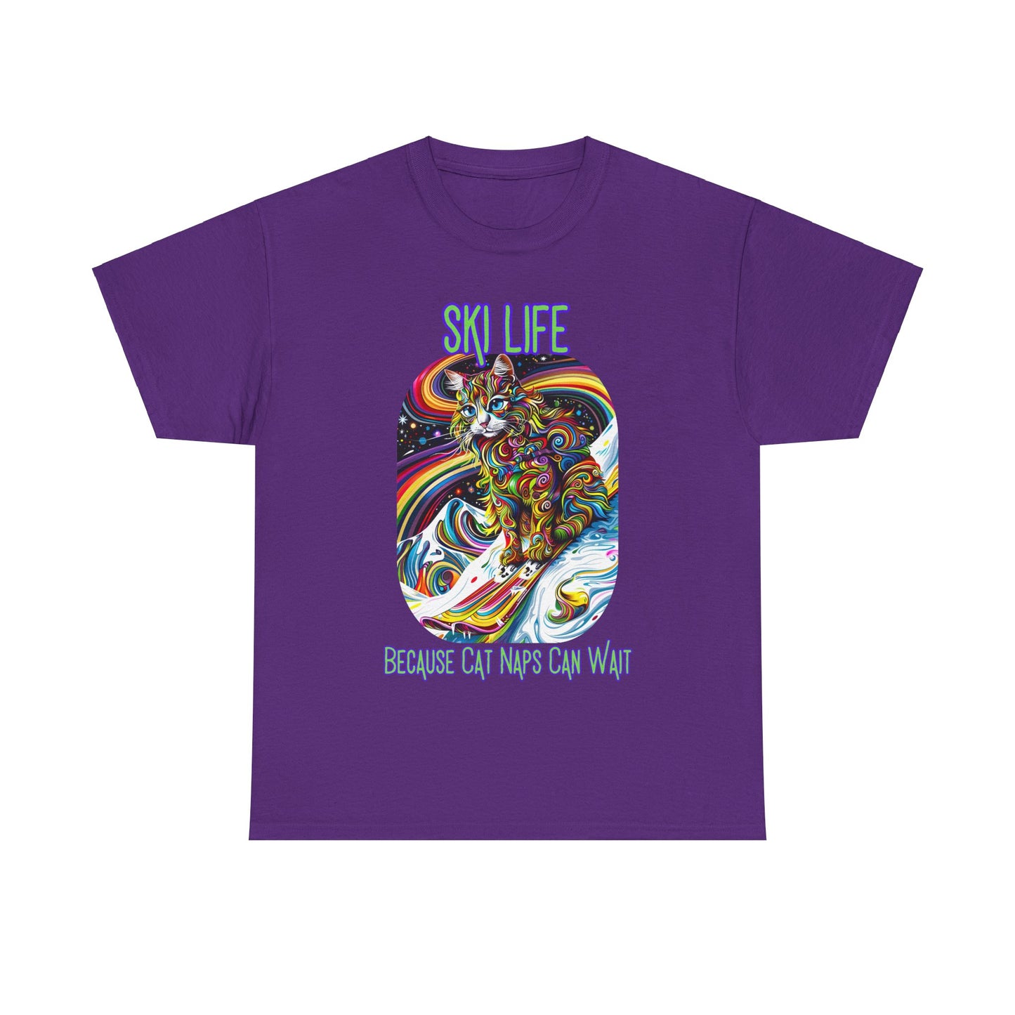 Ski Life- Because Cat Naps Can Wait - "Ski,, snow, Snowboard Winter Sports Cat (V2) Cat Art Gift -Cool Cats Graphic Tee Unisex Heavy Cotton Tee T-Shirt