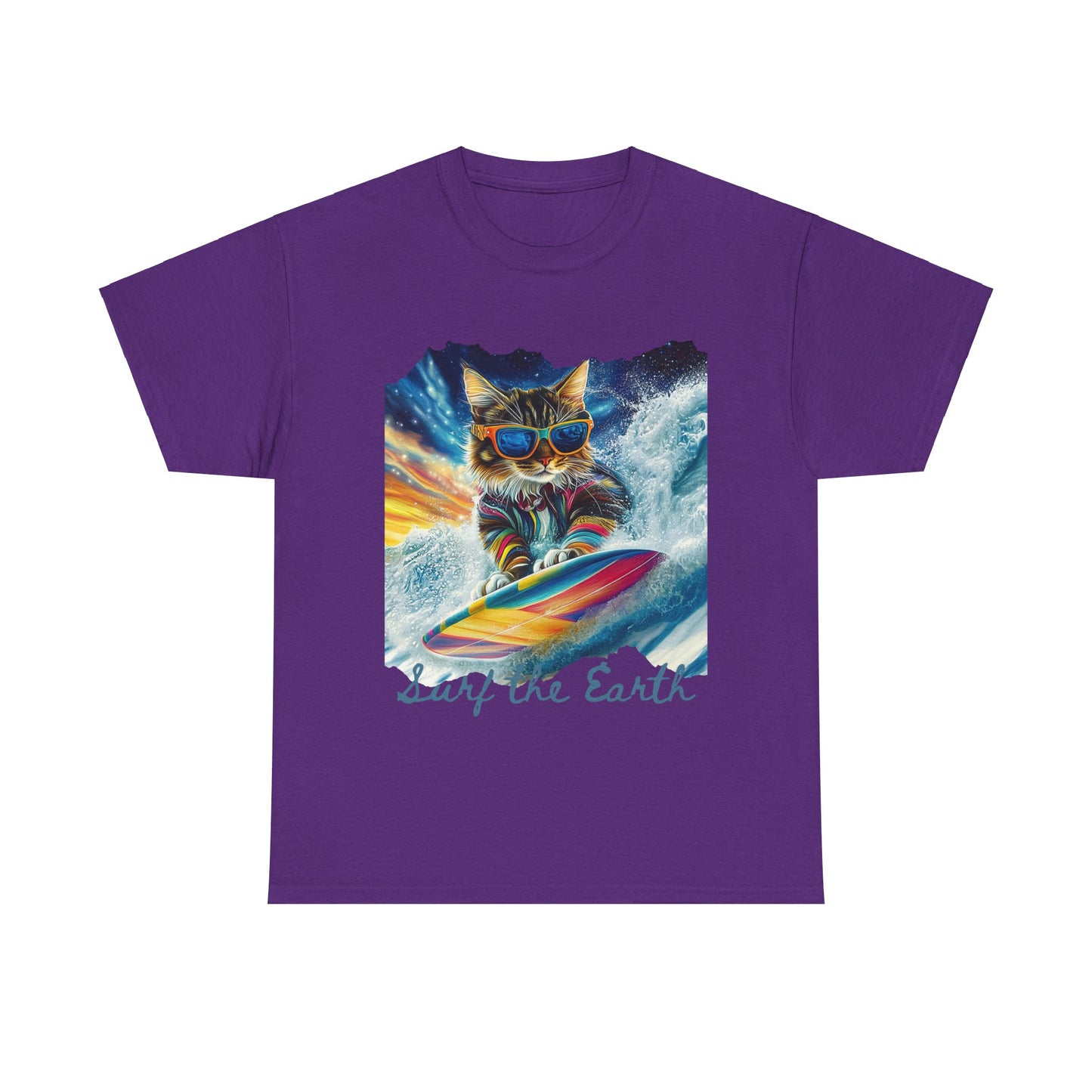 Surf Surfer Cat, "Surf the Earth", Cat on Surfboard Graphic Tee- Water Sports Cat (V1) Cat Art Gift - Cool Cats Unisex Heavy Cotton Tee T-Shirt