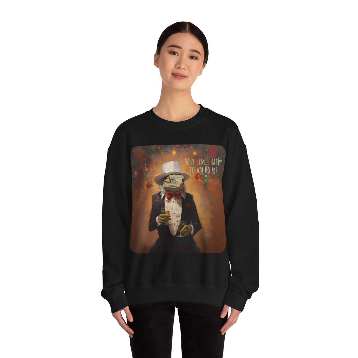 Cocktails -"Why Limit Happy to an Hour?"- Holiday Drinking Party Shirt, Iguana Gifts, Holiday Jumper Unisex Sweatshirt