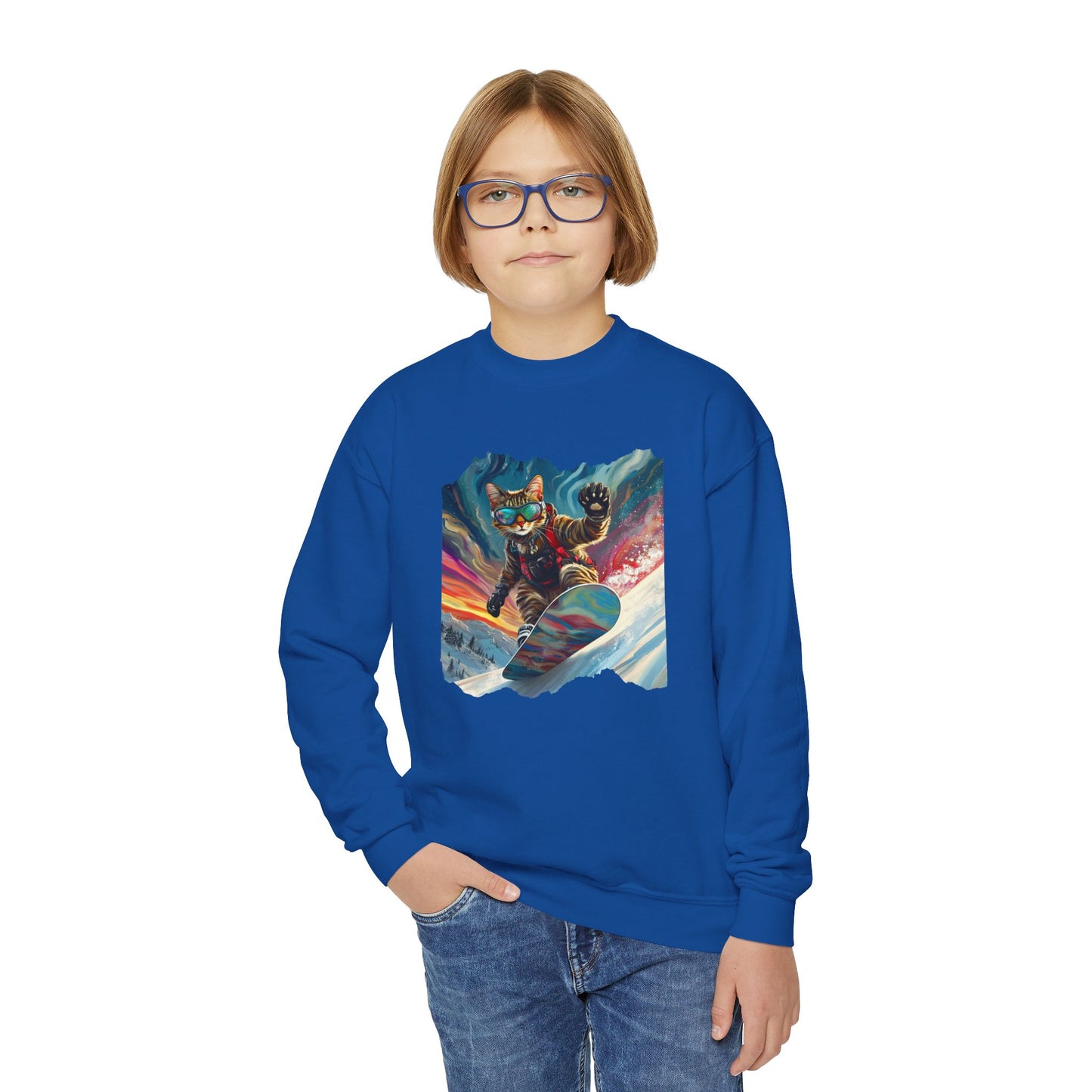 Shredding Snowboard Cat for Kids Sweatshirt - Colorful Snowboard Kitty, Kids Youth Crewneck Sweatshirt
