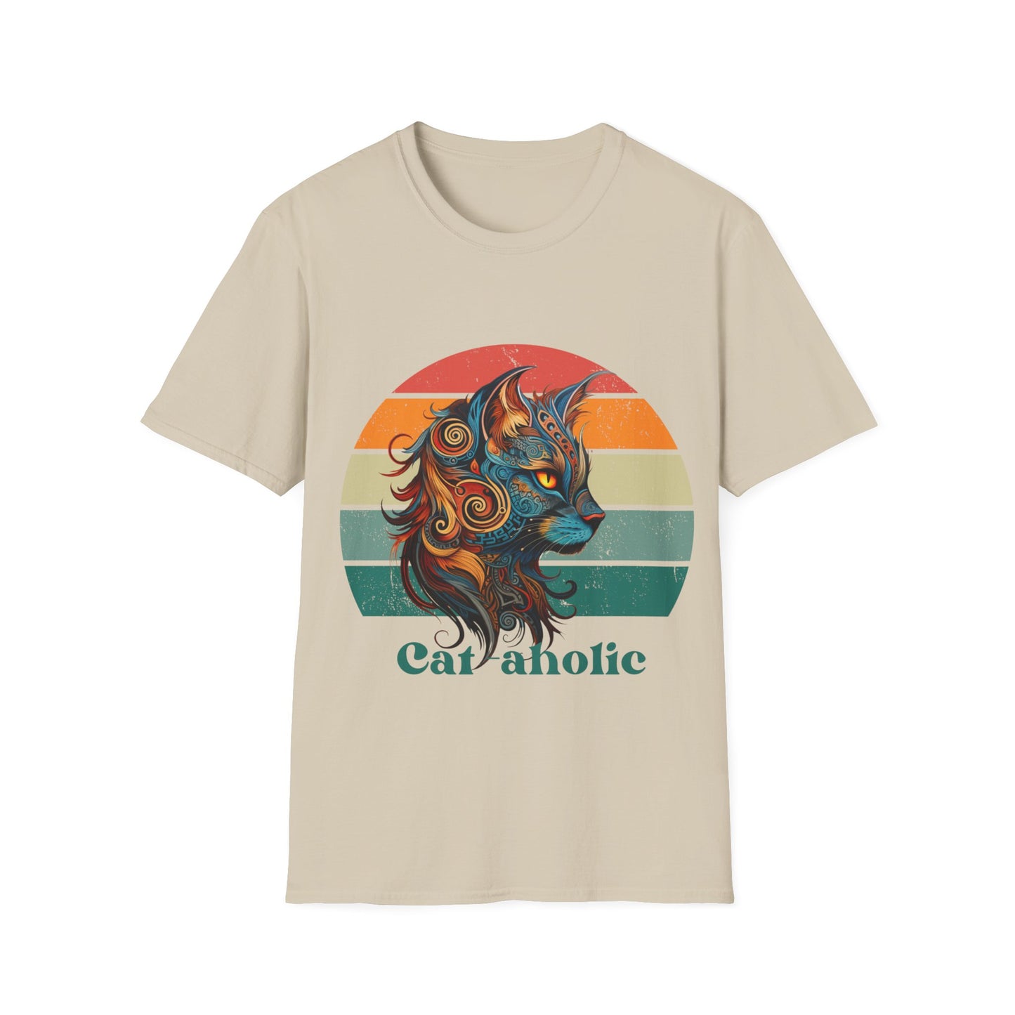 Retro Cat-aholoic Cat Shirt, Cat Lover's Graphic T-shirt, Boho retro Gift Unisex Tee Shirt, T-Shirt Cat Lovers Gift Softstyle T-Shirt Tee Teeshirt 60s 70s